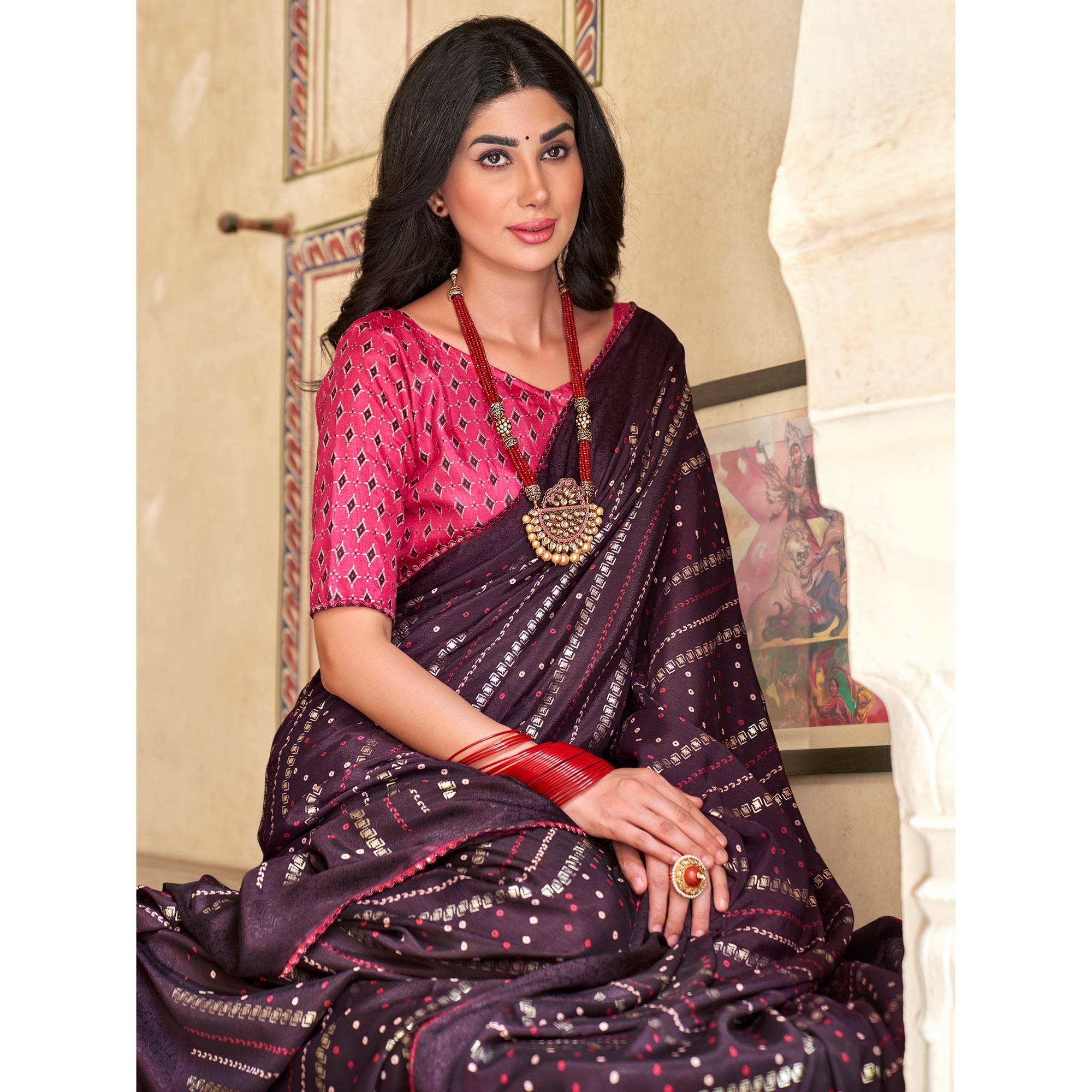 Wine Bandhani Printed Chiffon Saree With Tassels - Peachmode