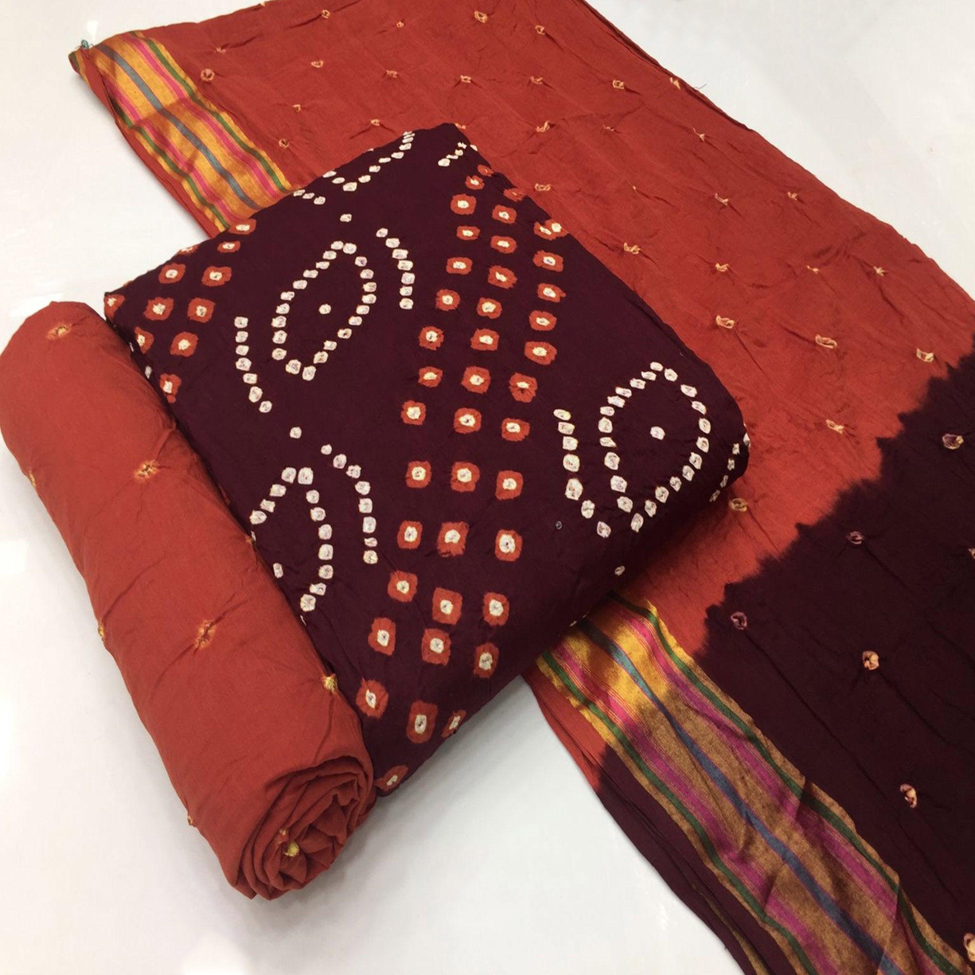 Wine Bandhani Printed Pure Cotton Dress Material - Peachmode
