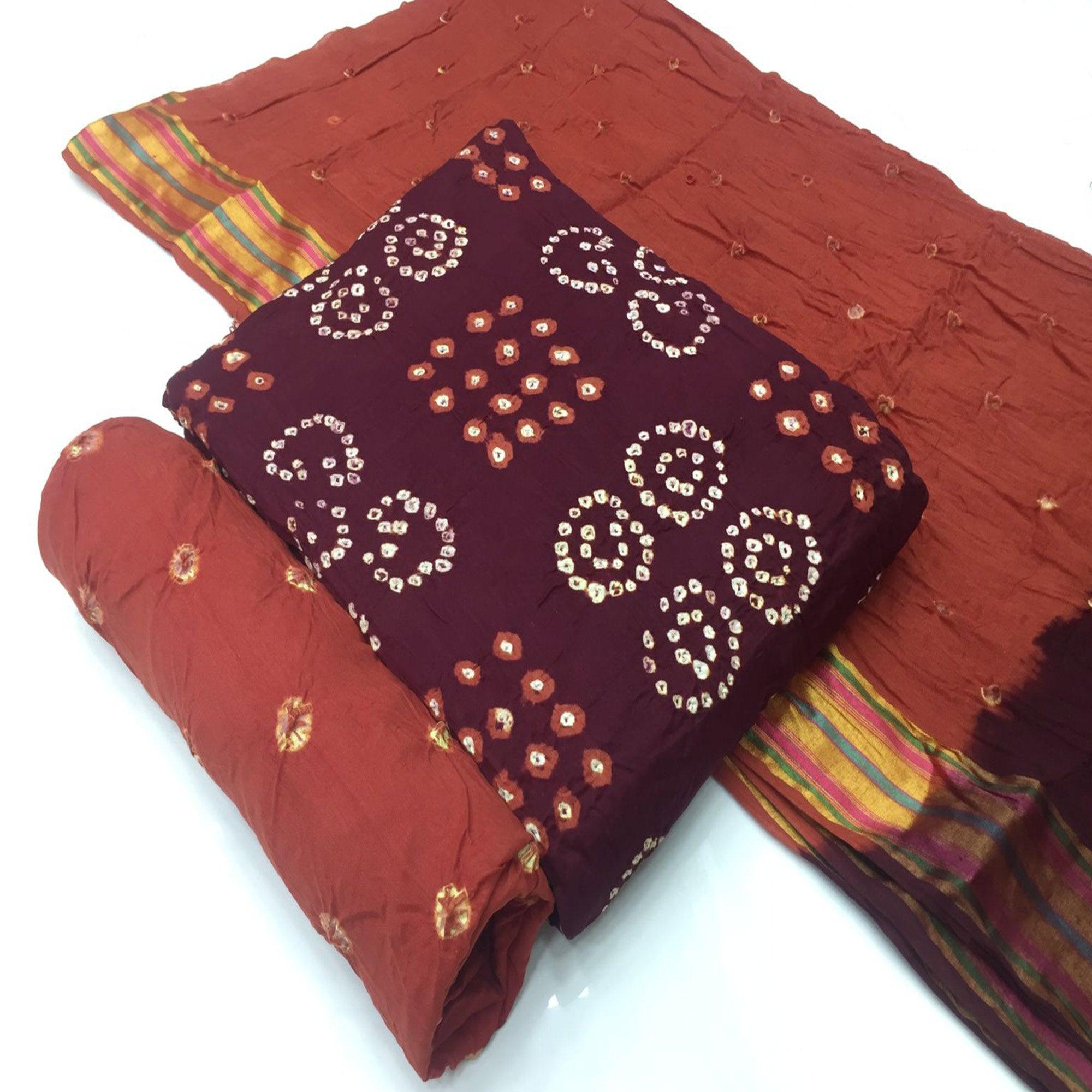 Wine Bandhani Printed Pure Cotton Dress Material - Peachmode