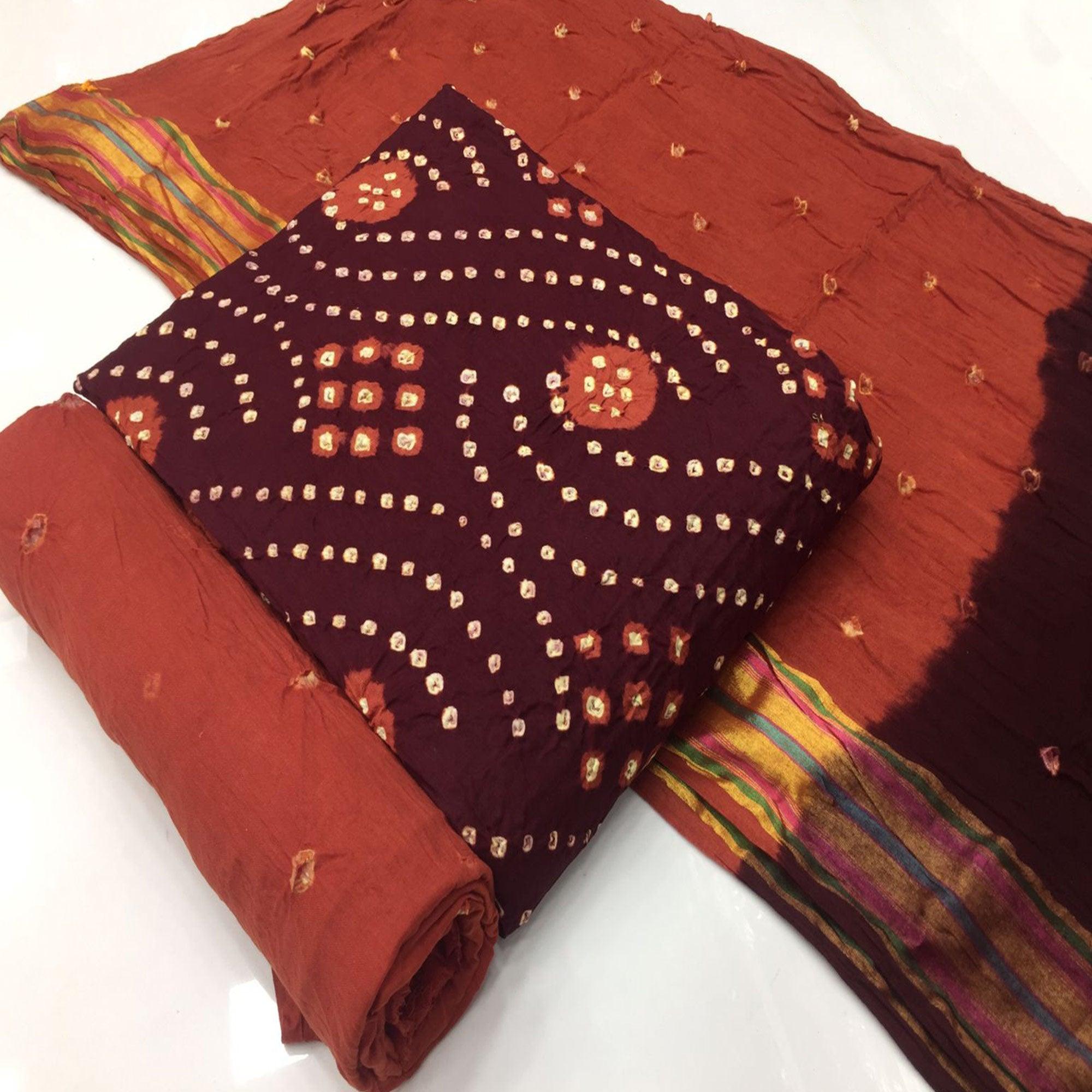 Wine Bandhani Printed Pure Cotton Dress Material - Peachmode
