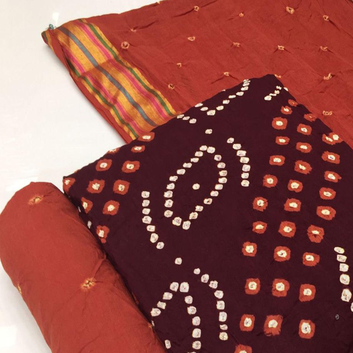 Wine Bandhani Printed Pure Cotton Dress Material - Peachmode