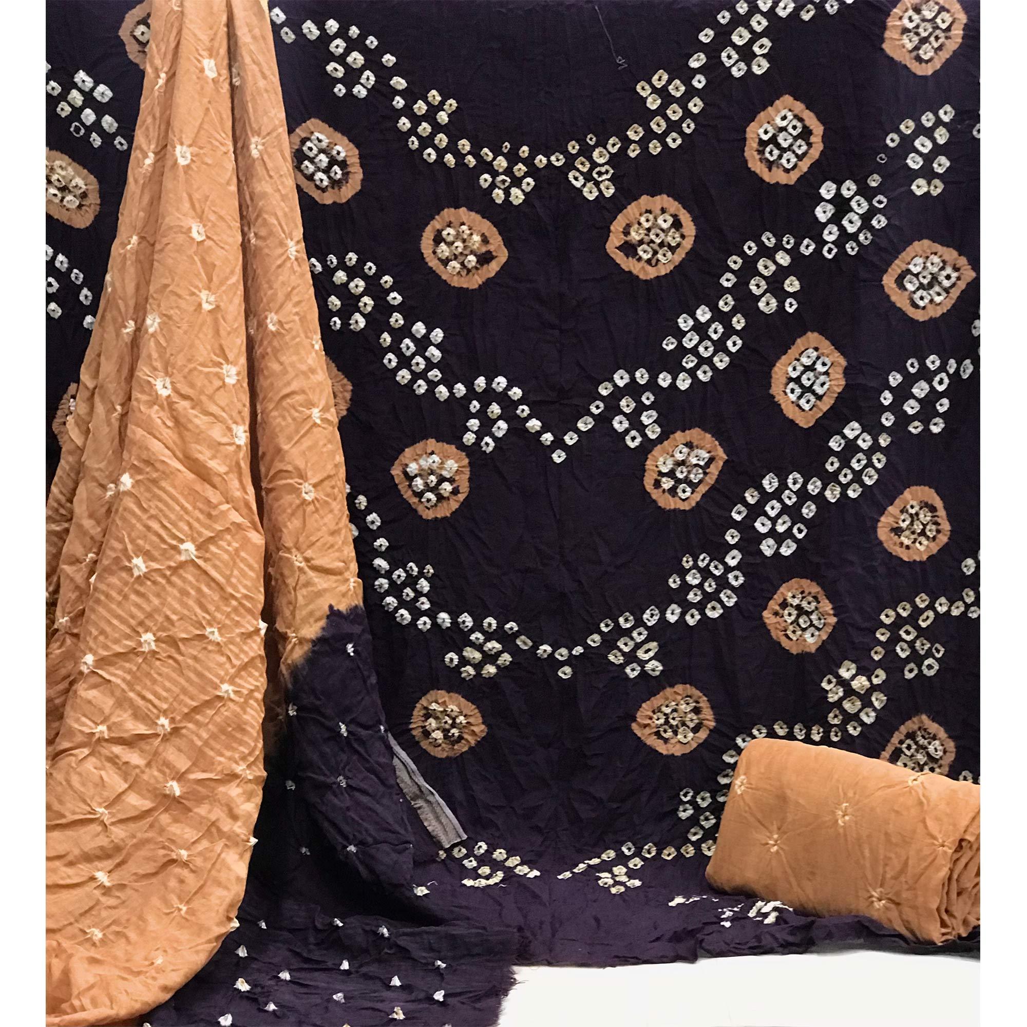 Wine Bandhani Printed Pure Cotton Dress Material - Peachmode