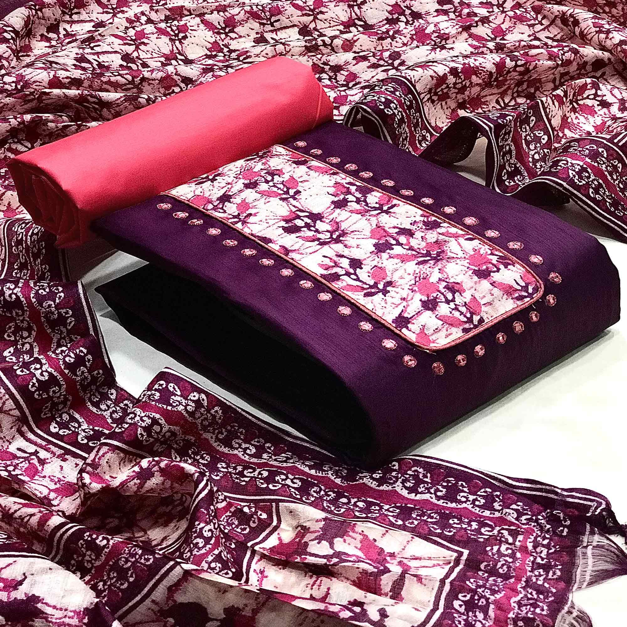 Wine Batik Printed Art Silk Dress Material - Peachmode