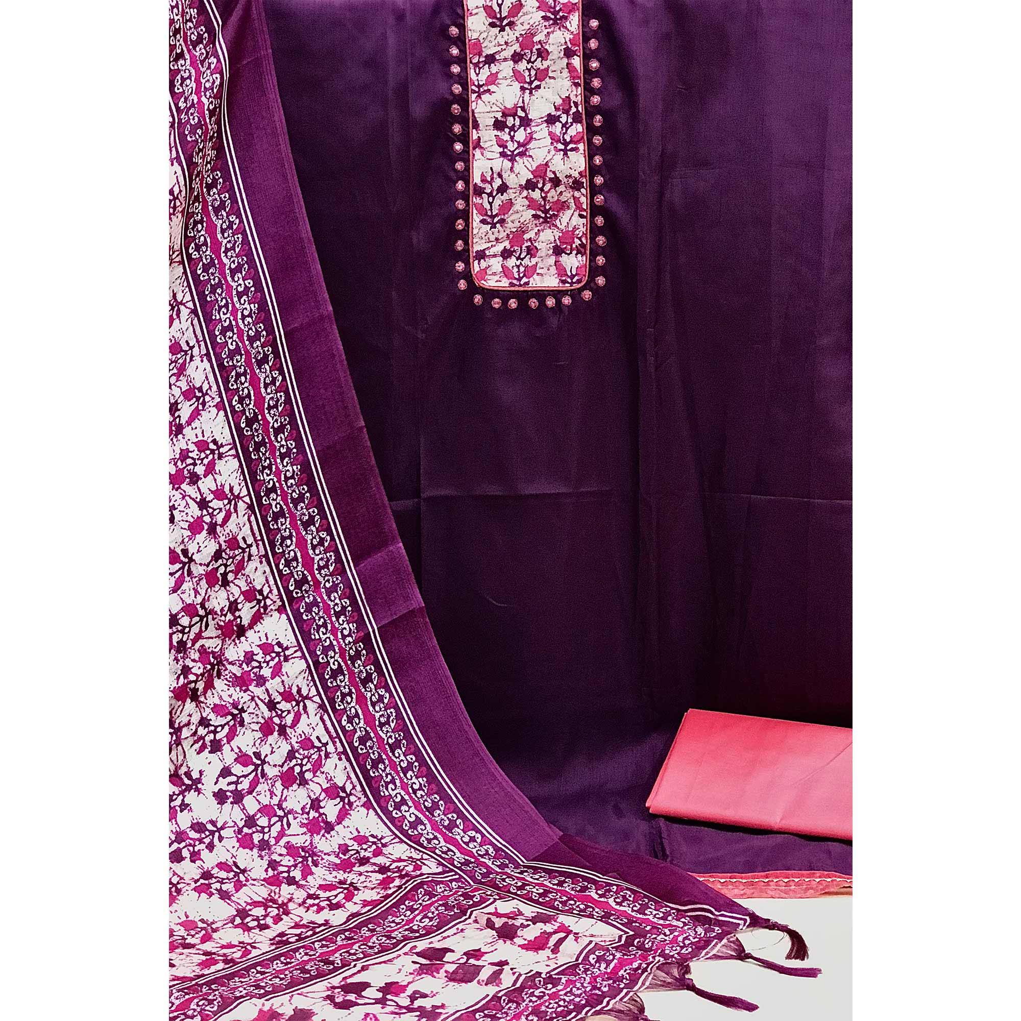 Wine Batik Printed Art Silk Dress Material - Peachmode