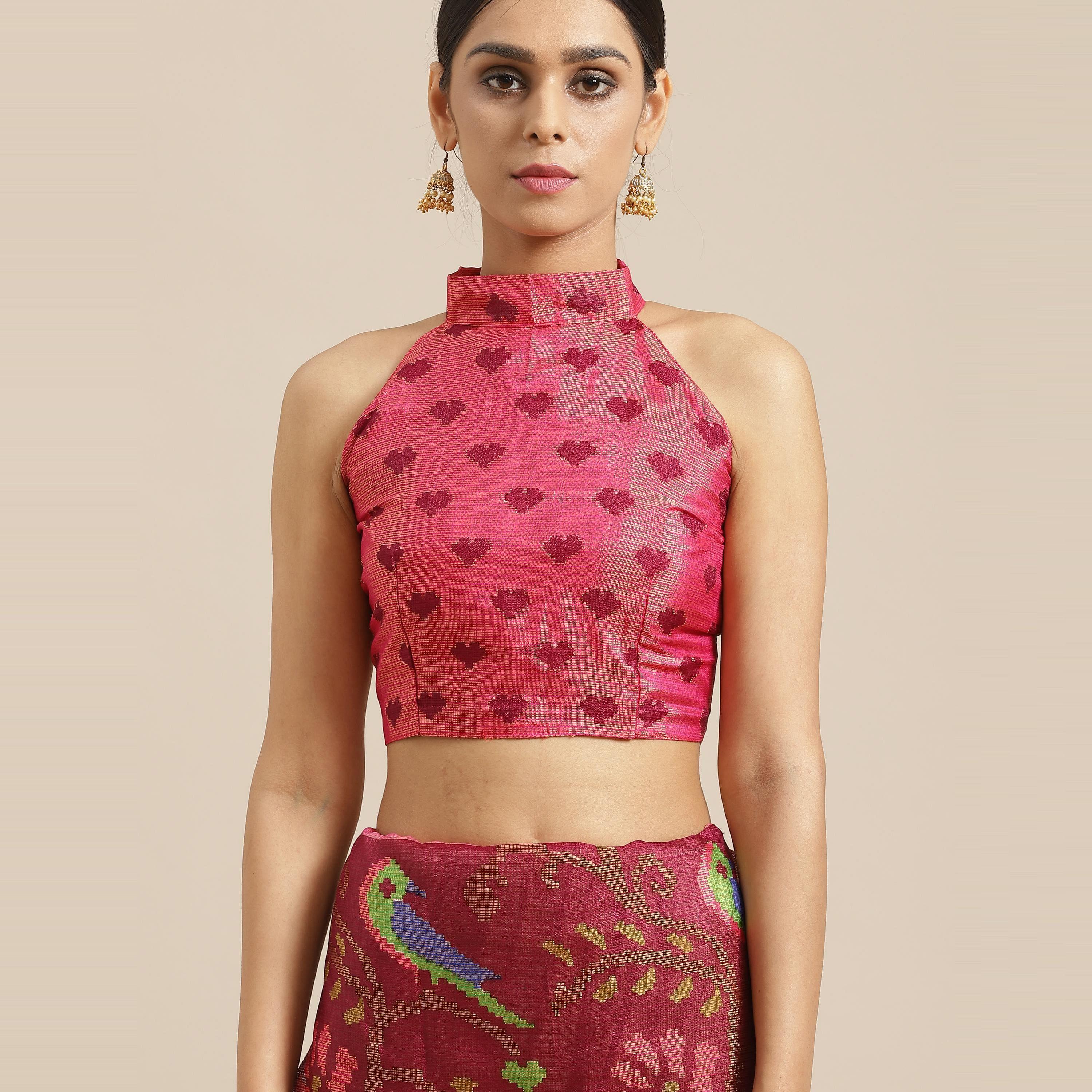Wine Casual Brasso Printed Saree With Unstitched Blouse - Peachmode