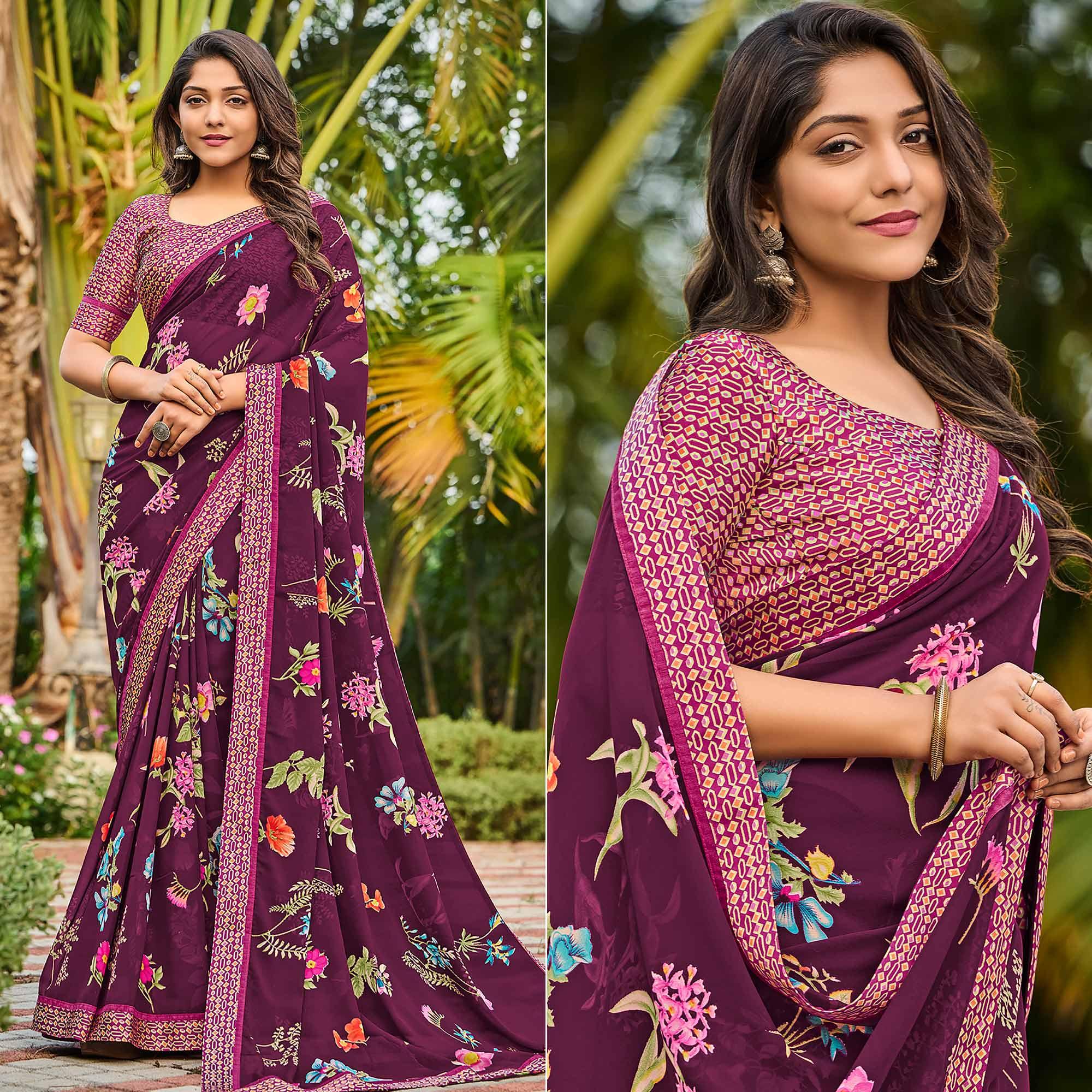 Wine Casual Floral Printed Georgette Saree - Peachmode