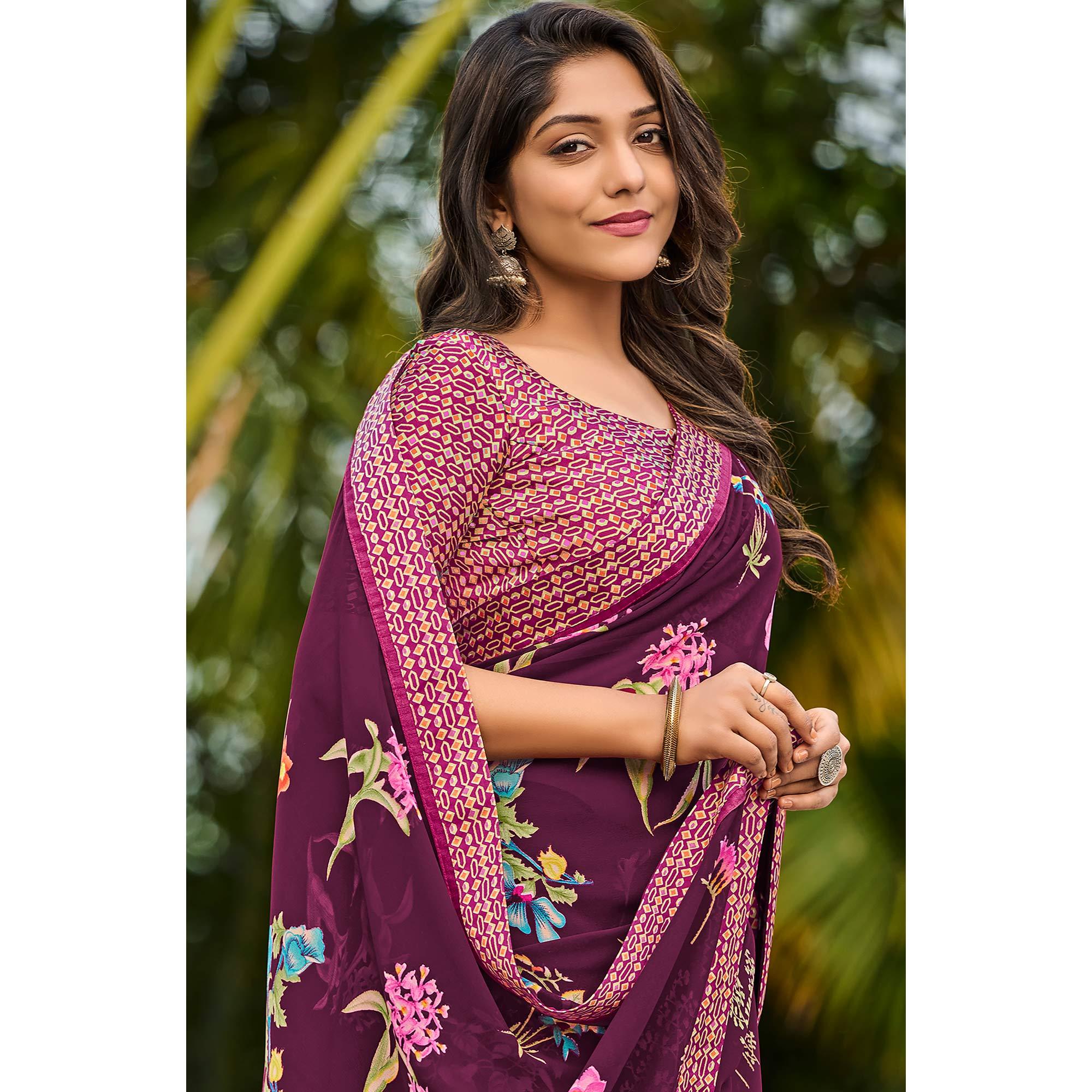 Wine Casual Floral Printed Georgette Saree - Peachmode