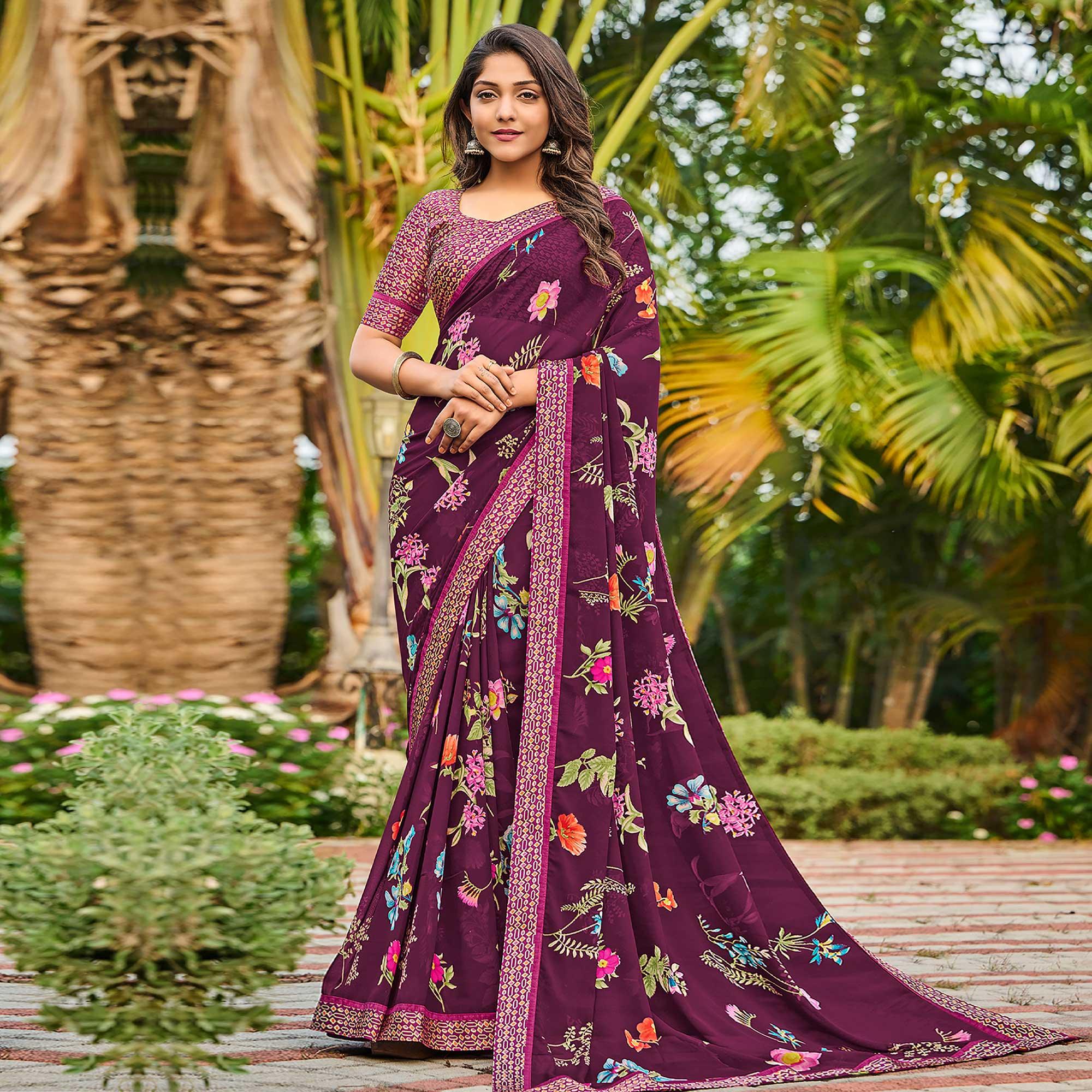 Wine Casual Floral Printed Georgette Saree - Peachmode