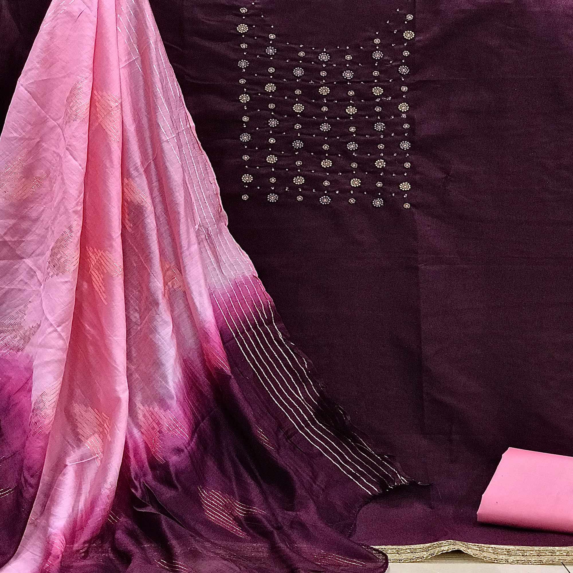 Wine Casual Wear Beads Handwork Pure Cotton Dress Material - Peachmode