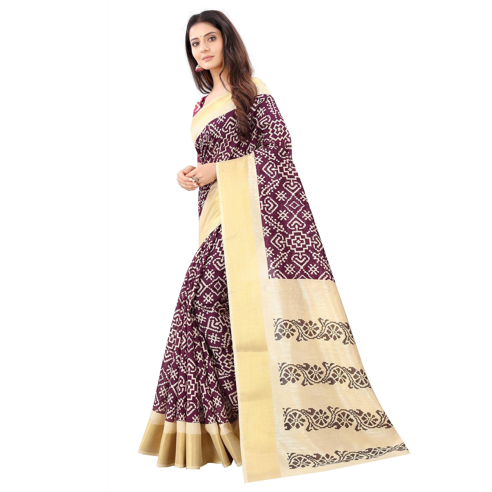 Wine Casual Wear Designer Hand Block Printed Cotton Linen Saree - Peachmode