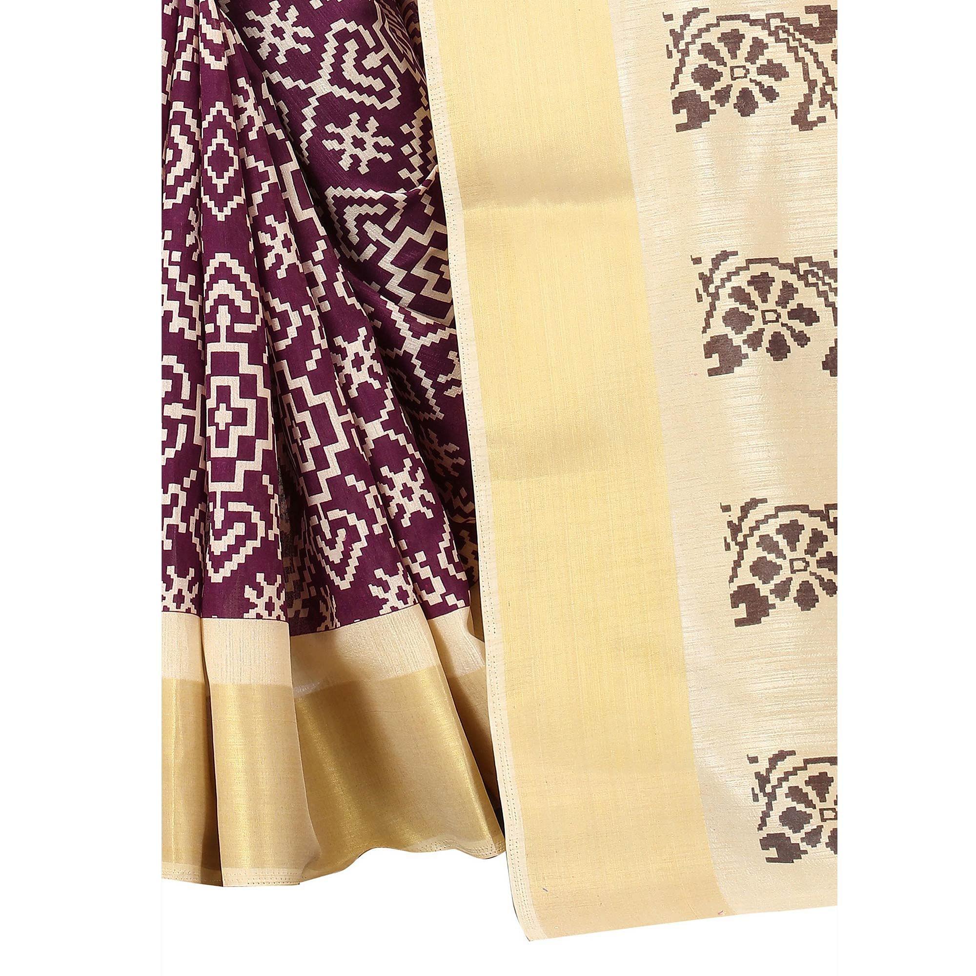 Wine Casual Wear Designer Hand Block Printed Cotton Linen Saree - Peachmode
