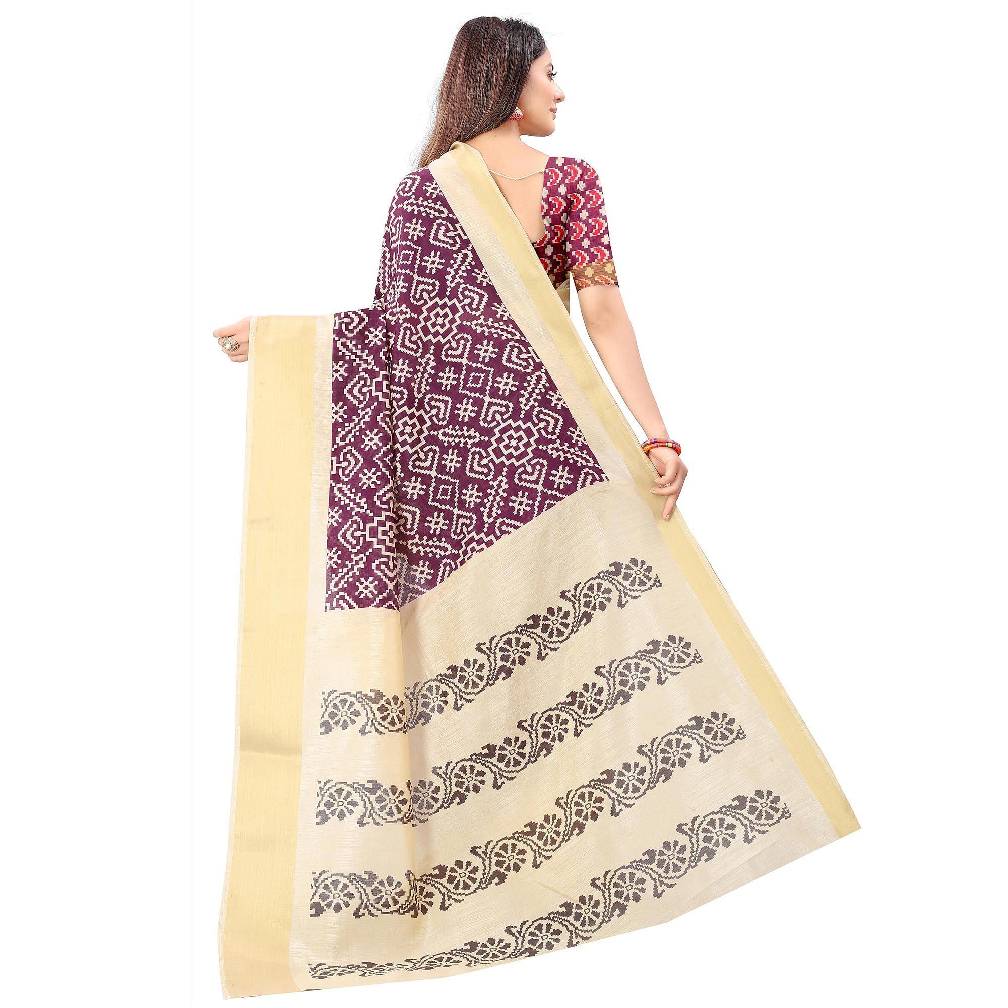 Wine Casual Wear Designer Hand Block Printed Cotton Linen Saree - Peachmode