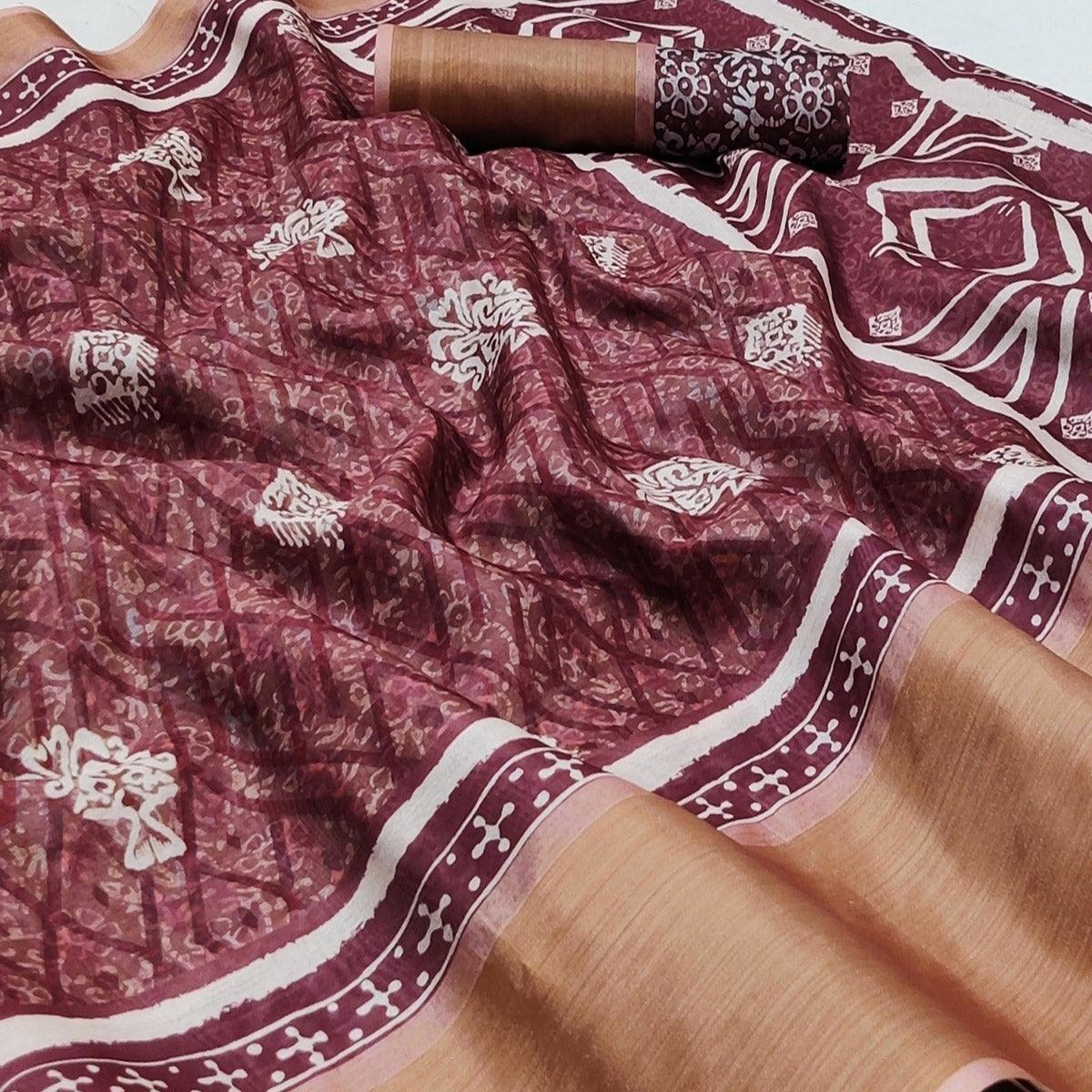 Wine Casual Wear Digital Printed Silk Saree With Zari Jacquard Border - Peachmode