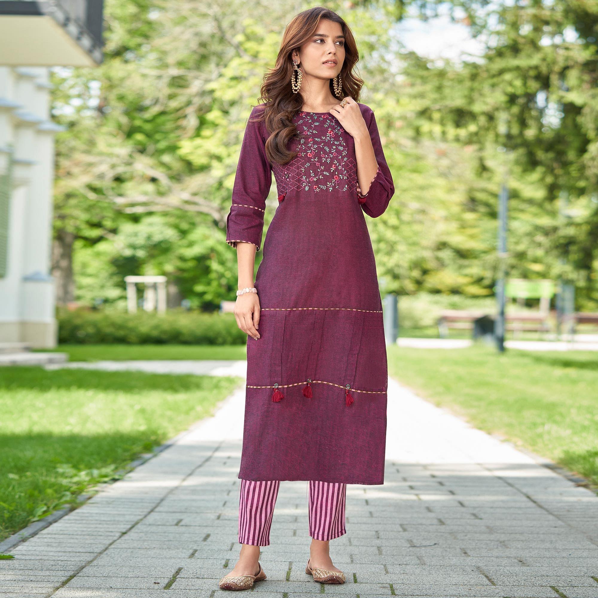 Wine Casual Wear Embroidered Cotton Kurti Pant Set - Peachmode