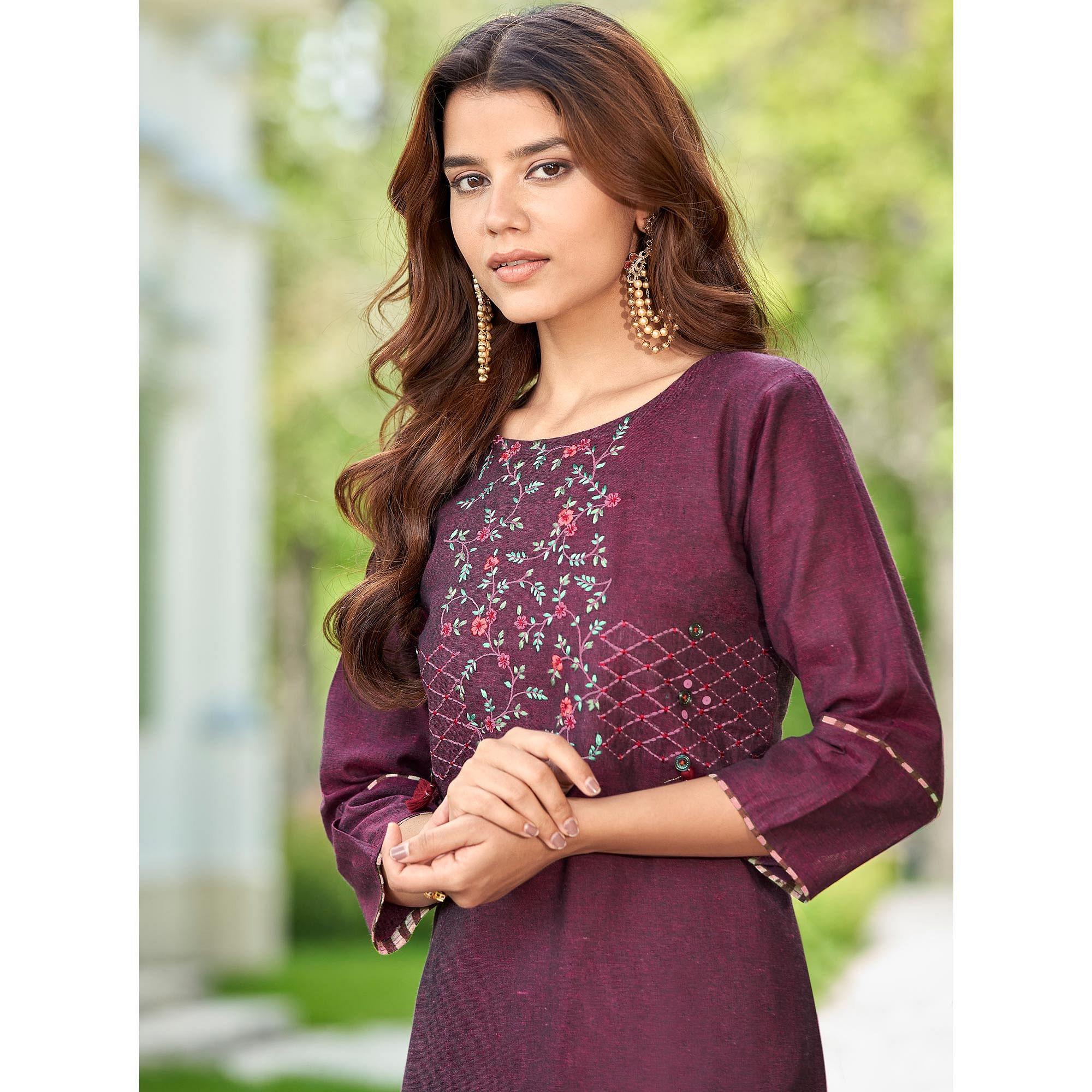 Wine Casual Wear Embroidered Cotton Kurti Pant Set - Peachmode