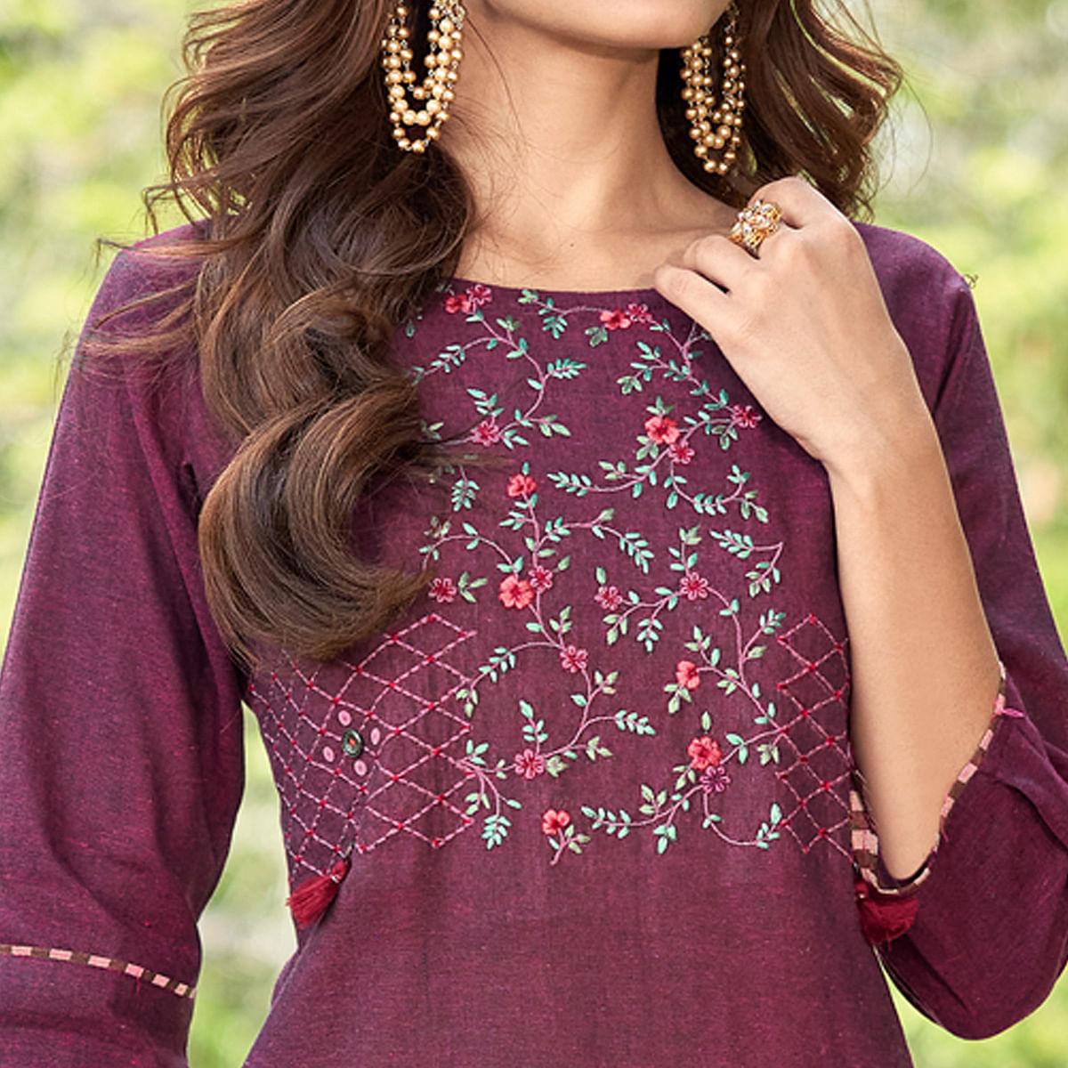 Wine Casual Wear Embroidered Cotton Kurti Pant Set - Peachmode