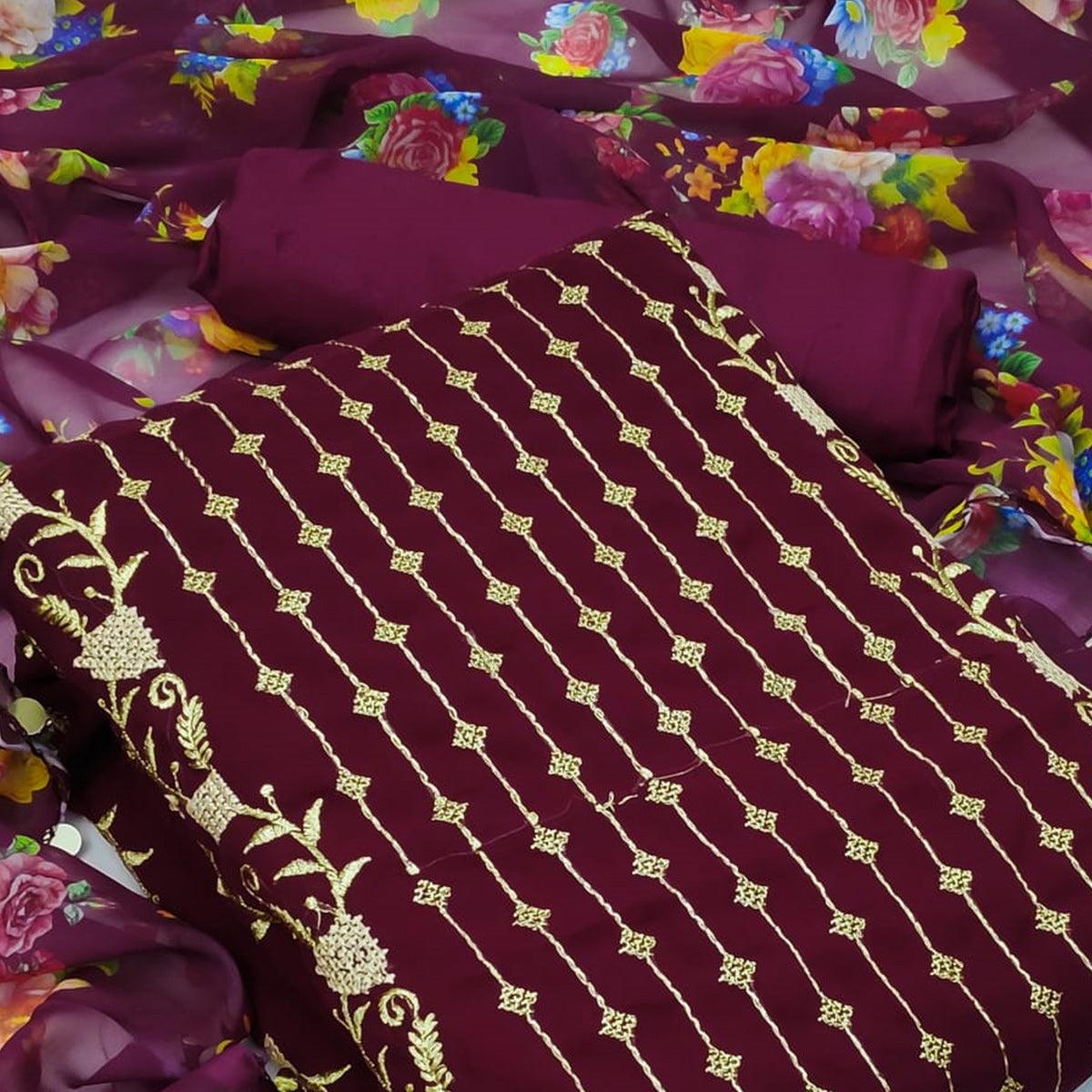 Wine Casual Wear Embroidered Georgette Dress Material - Peachmode