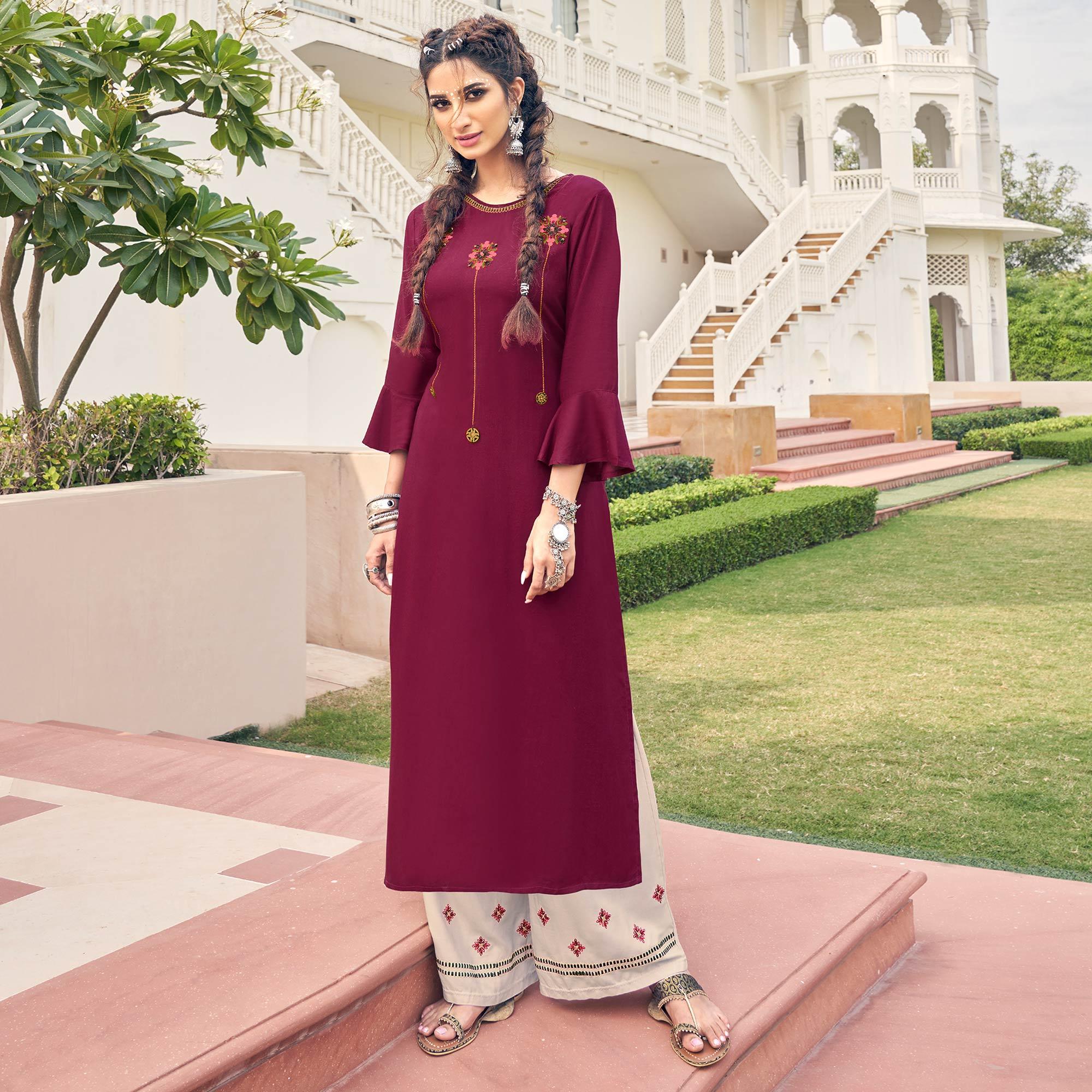Wine Casual Wear Embroidered Heavy Rayon Kurti - Palazzo Set - Peachmode