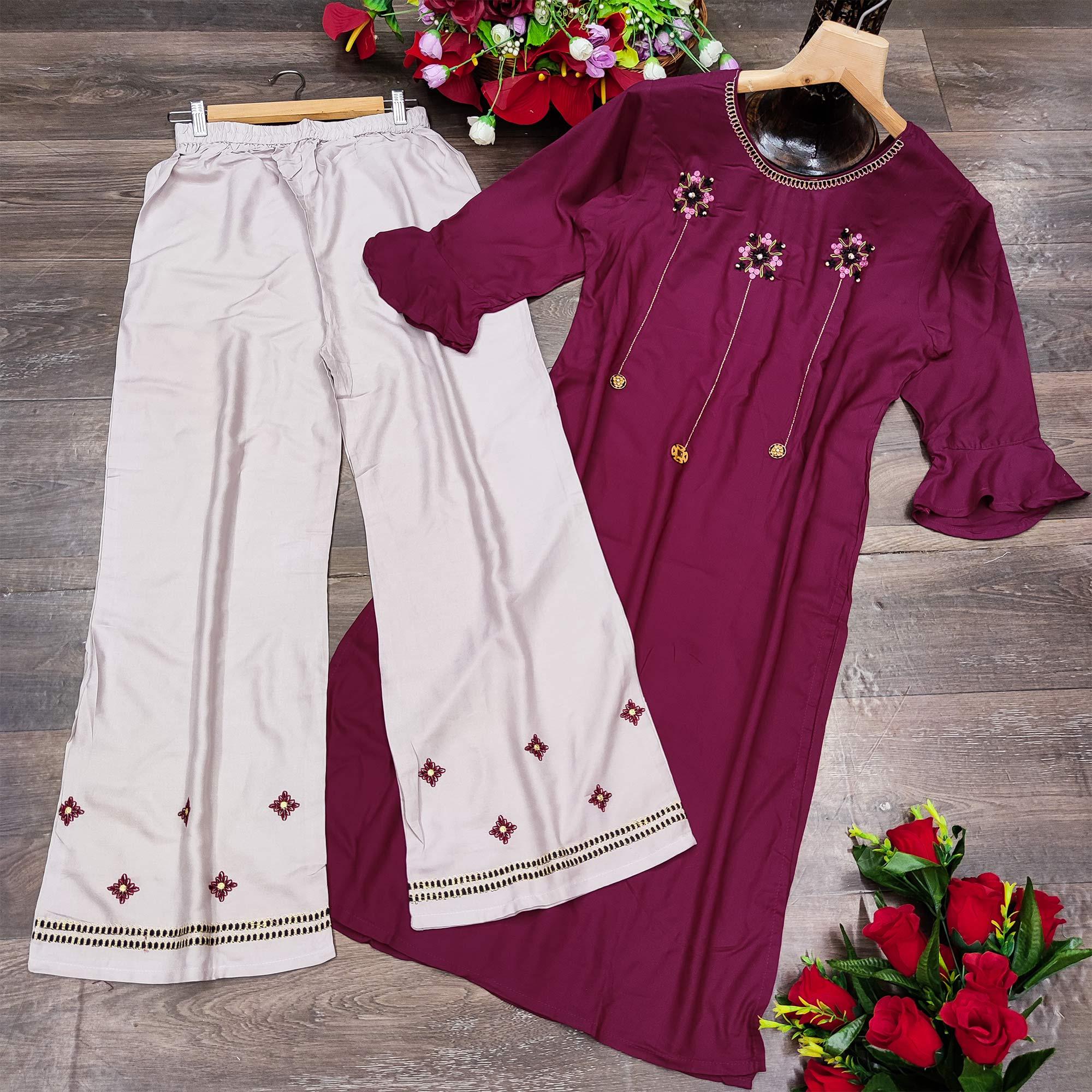 Wine Casual Wear Embroidered Heavy Rayon Kurti - Palazzo Set - Peachmode
