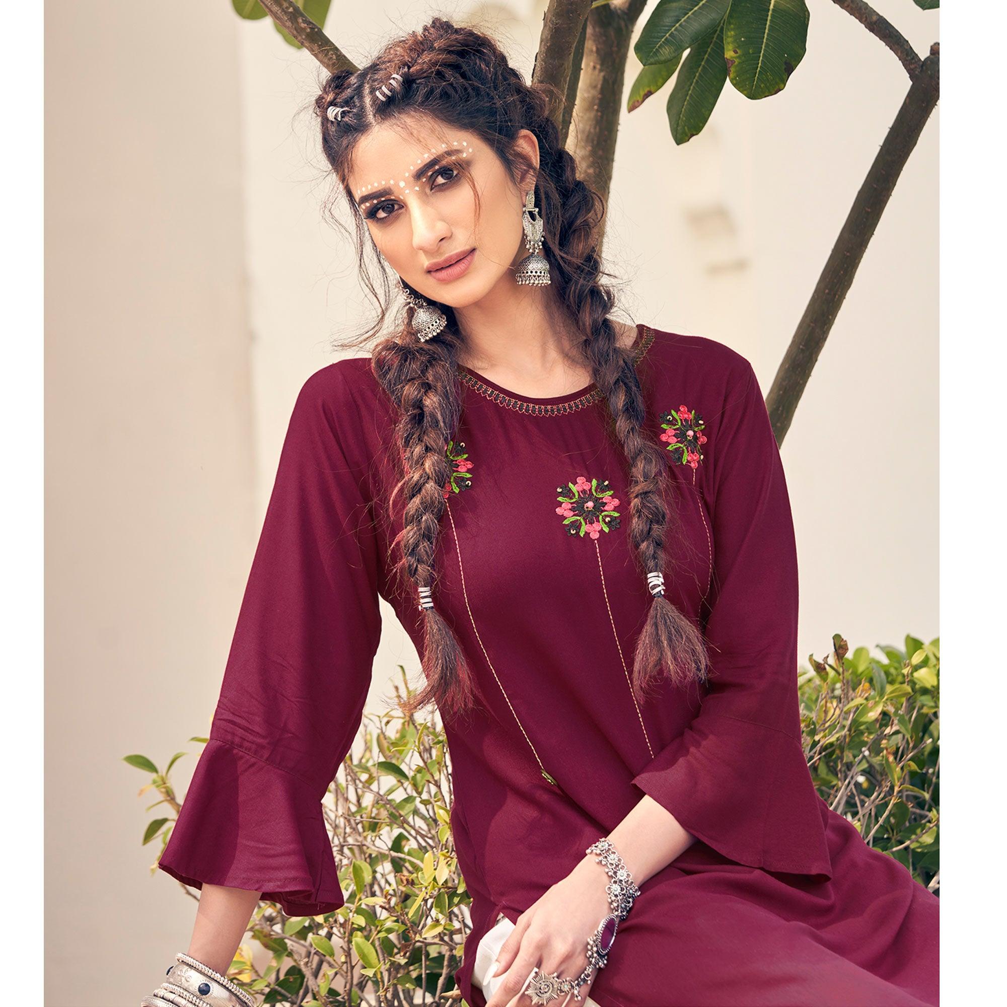 Wine Casual Wear Embroidered Heavy Rayon Kurti - Palazzo Set - Peachmode