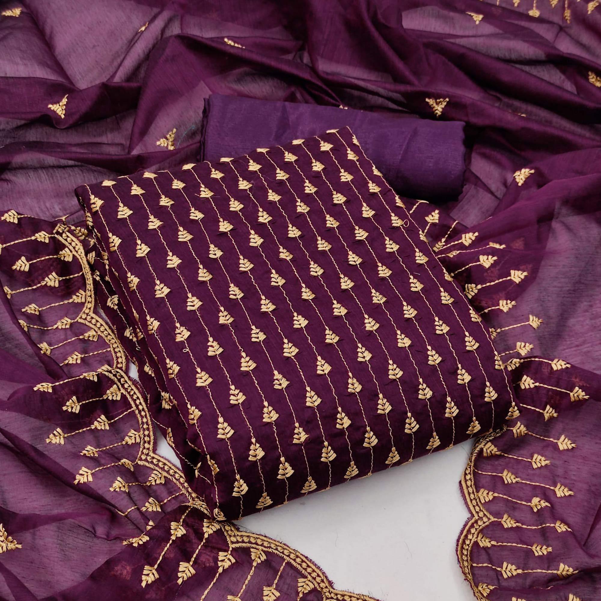 Wine Casual Wear Embroidered Modal Chanderi Dress Material - Peachmode