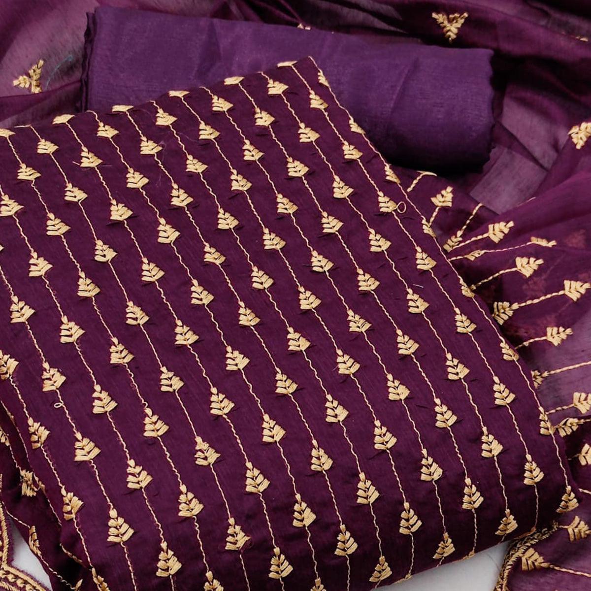 Wine Casual Wear Embroidered Modal Chanderi Dress Material - Peachmode