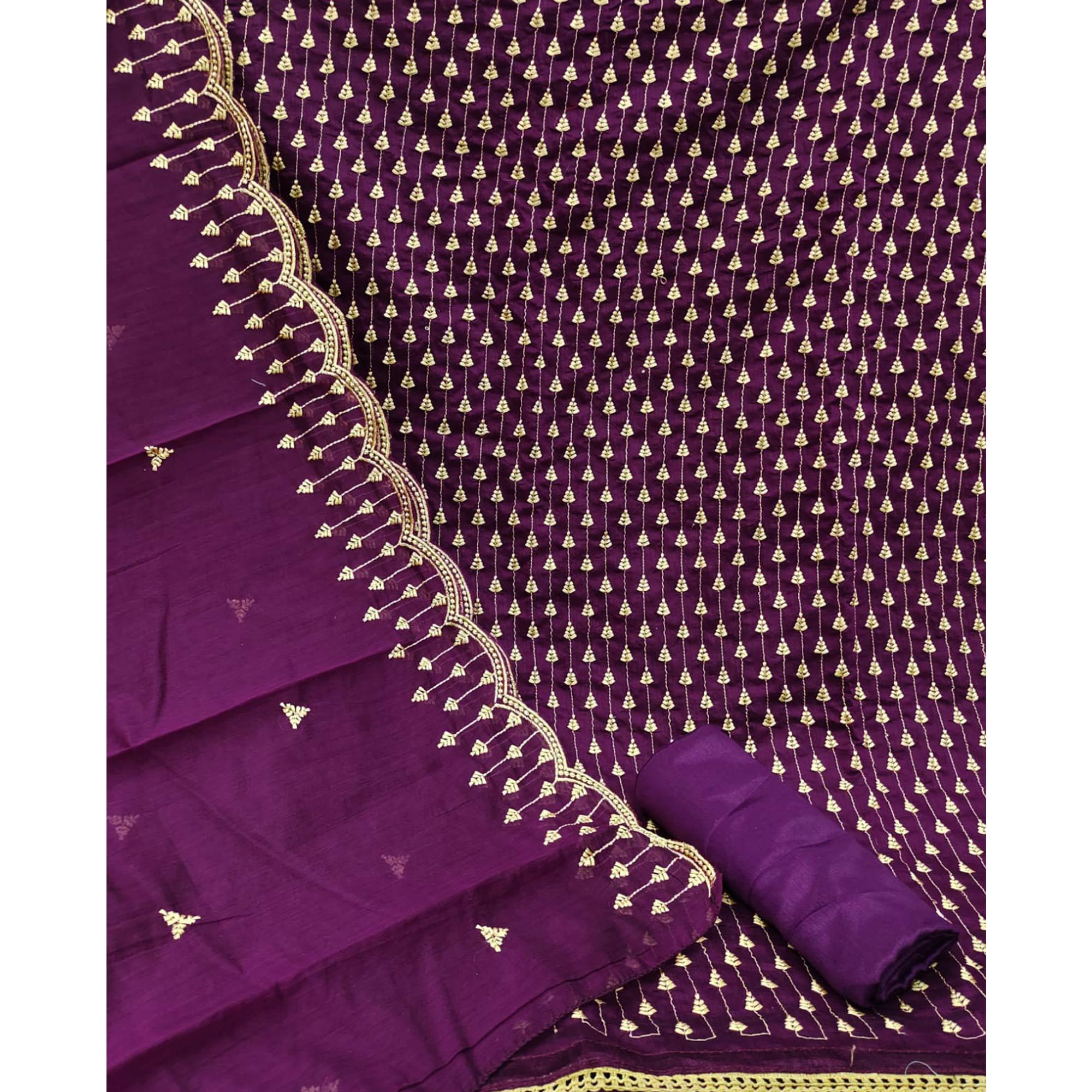 Wine Casual Wear Embroidered Modal Chanderi Dress Material - Peachmode