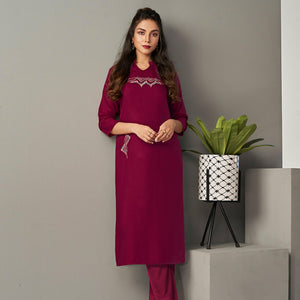 Wine Casual Wear Embroidered Pure Viscose Kurti - Peachmode