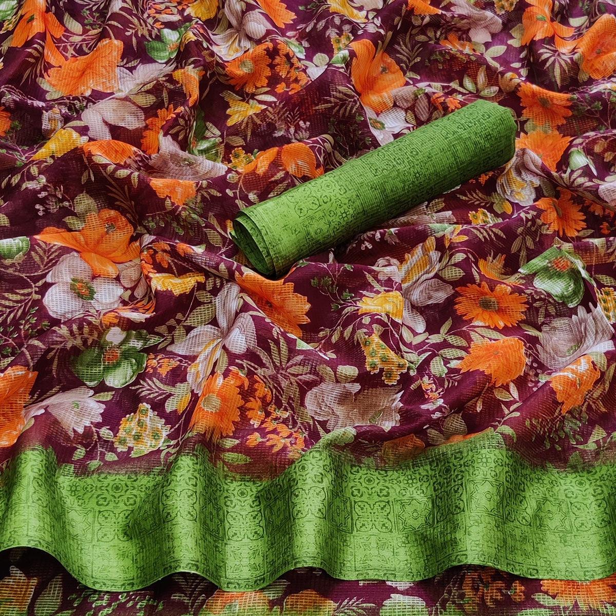 Wine Casual Wear Floral Digital Printed linen Saree - Peachmode