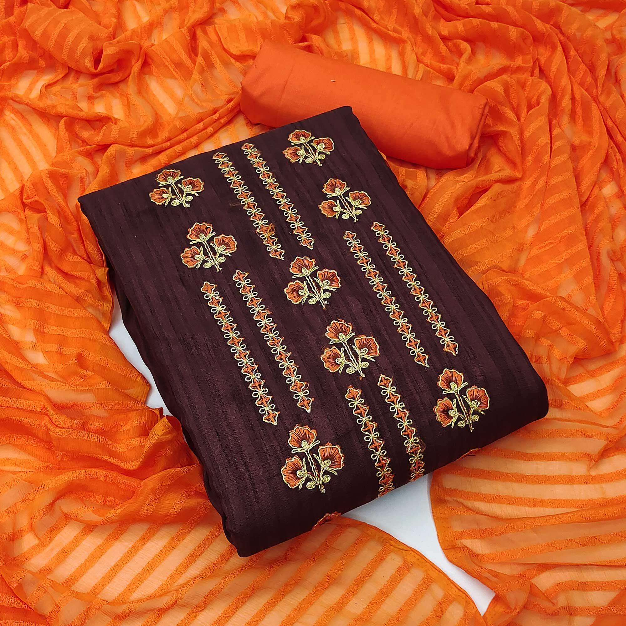 Wine Casual Wear Floral Embroidered Cotton Silk Dress Material - Peachmode