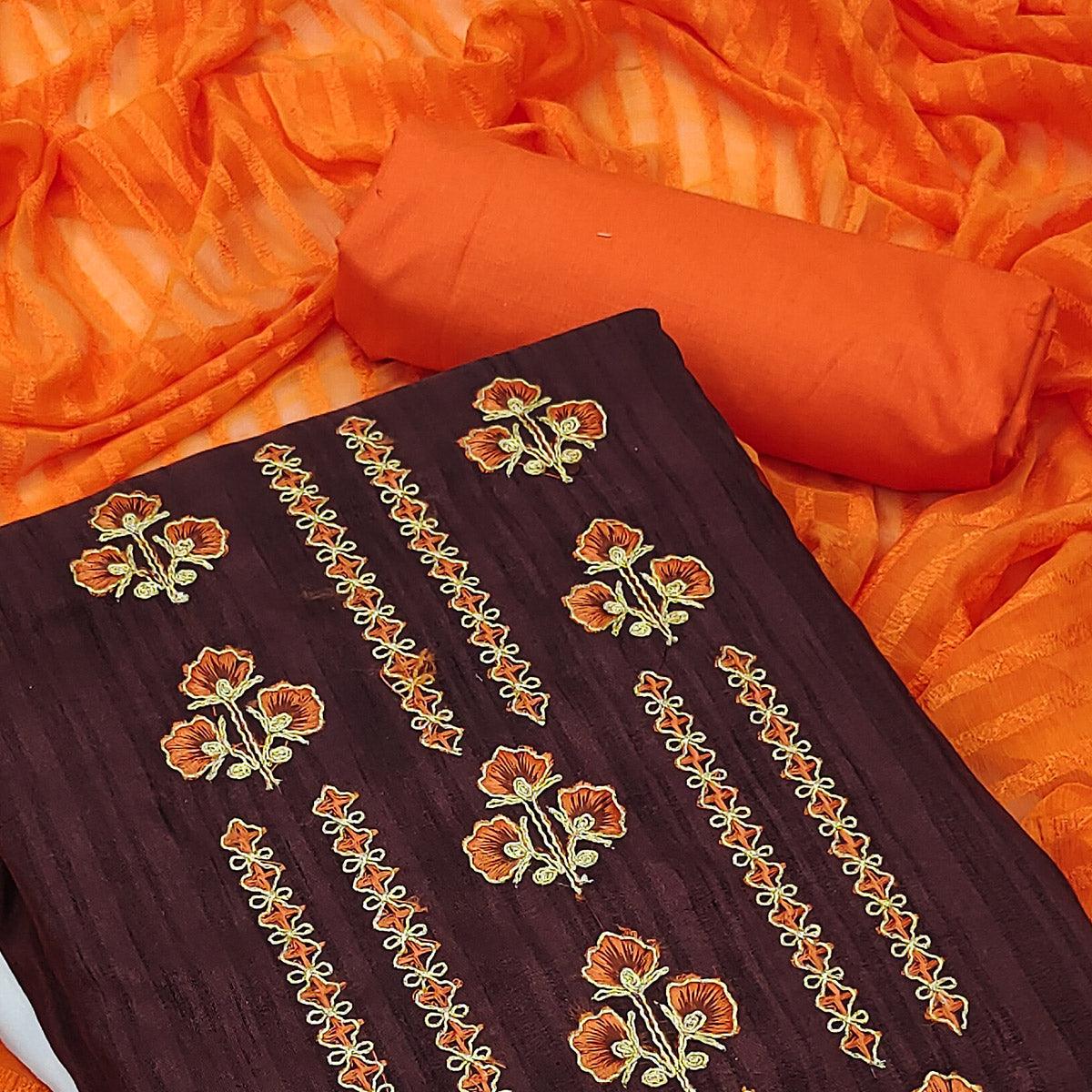 Wine Casual Wear Floral Embroidered Cotton Silk Dress Material - Peachmode