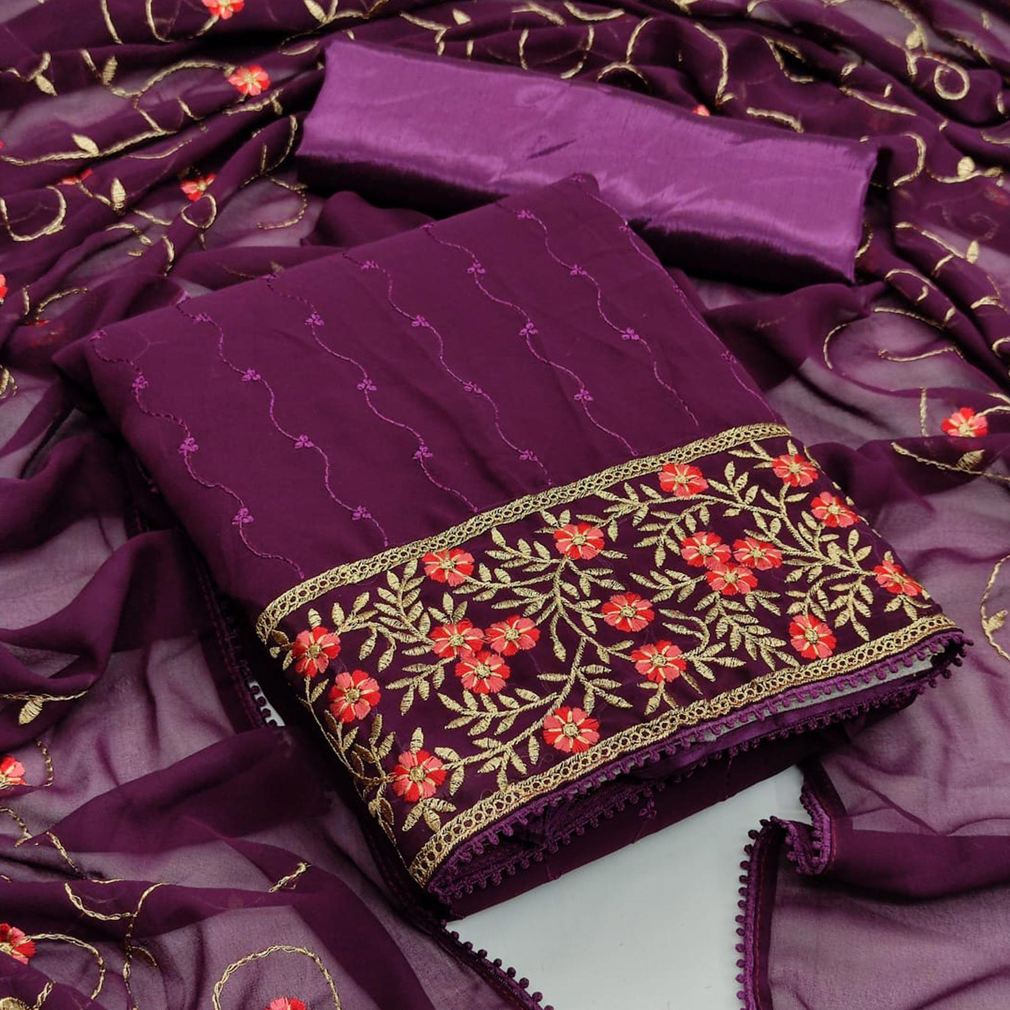 Wine Casual Wear Floral Embroidered Georgette Dress Material - Peachmode