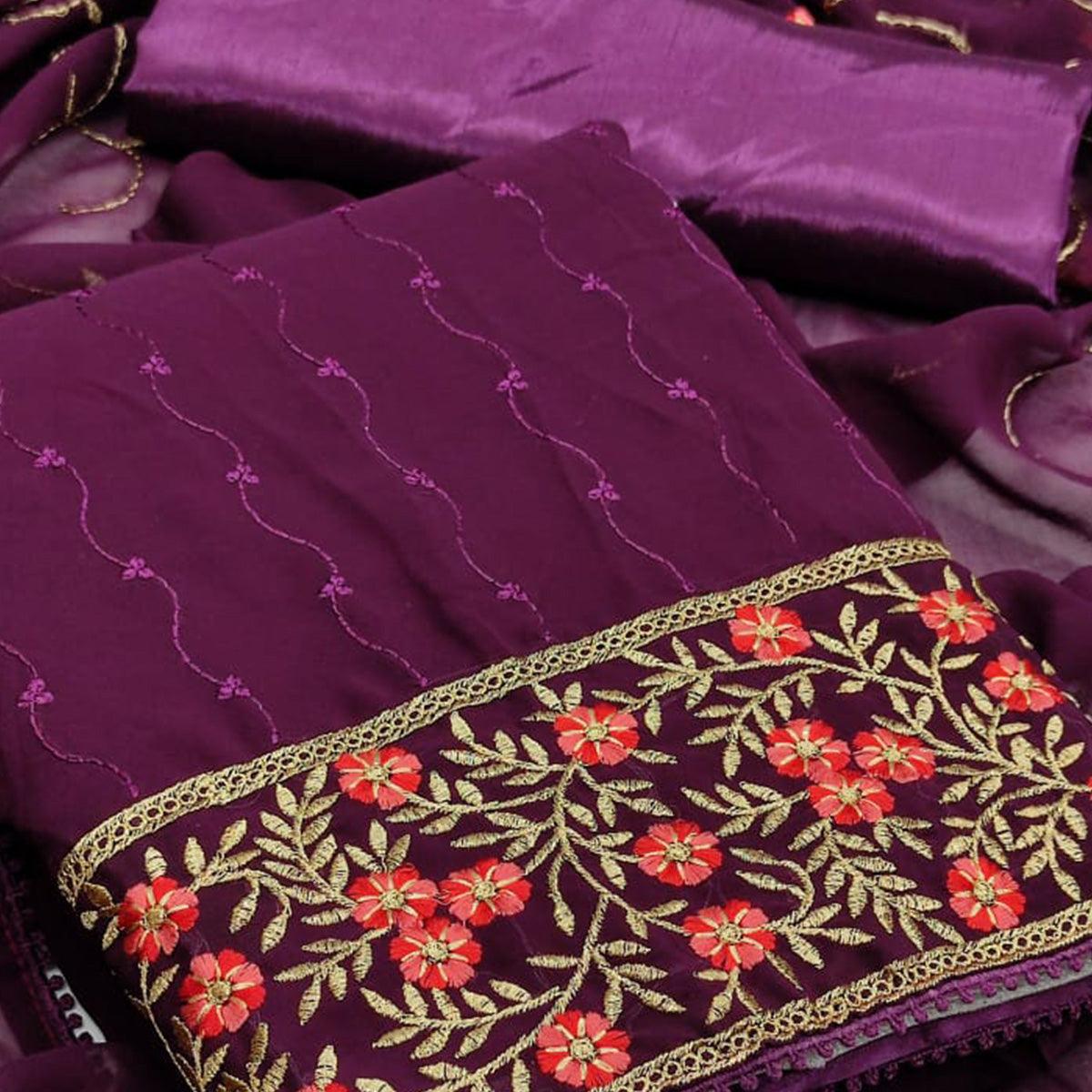 Wine Casual Wear Floral Embroidered Georgette Dress Material - Peachmode