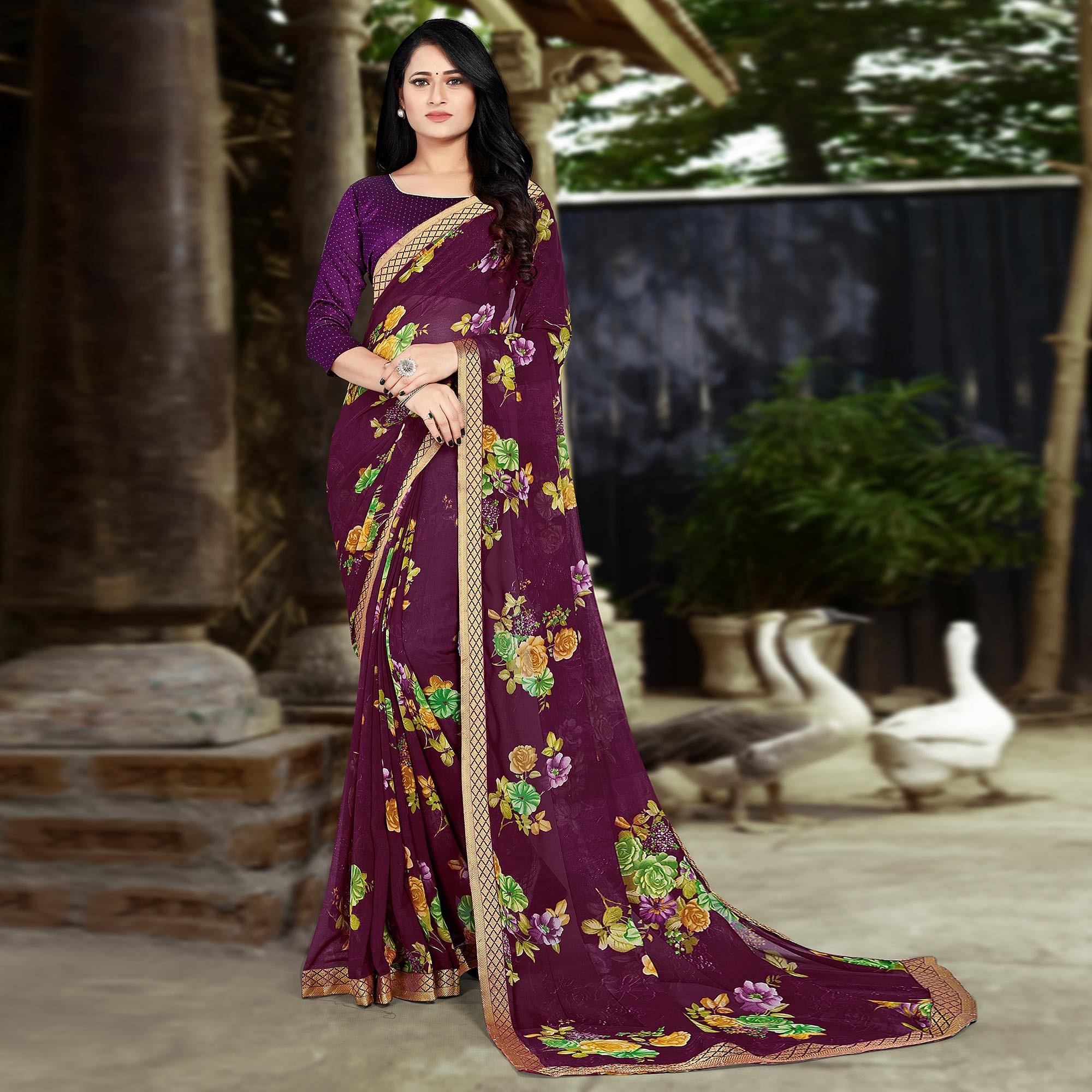 Wine Casual Wear Floral Printed Chiffon Saree - Peachmode
