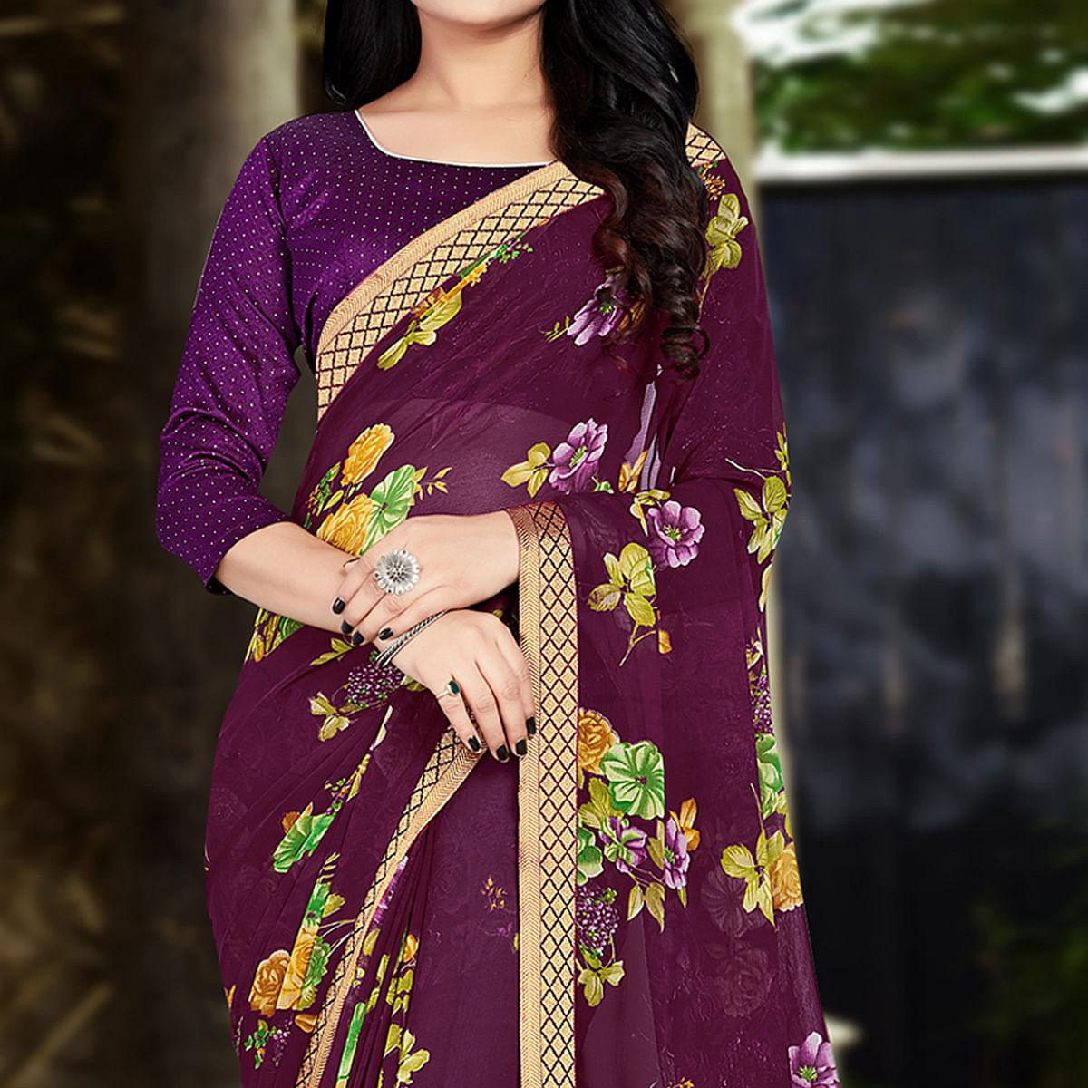 Wine Casual Wear Floral Printed Chiffon Saree - Peachmode