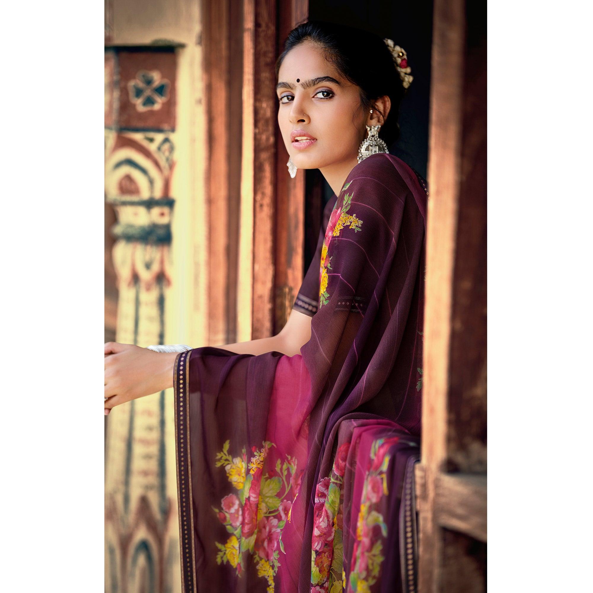 Wine Casual Wear Floral Printed Chiffon Saree With Fancy Blouse - Peachmode