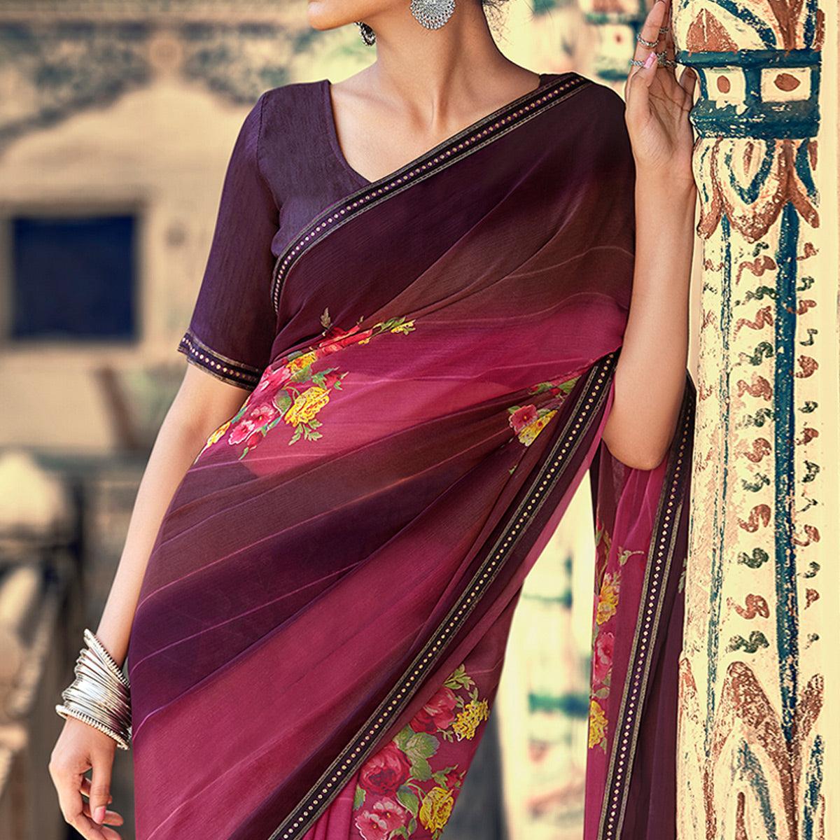 Wine Casual Wear Floral Printed Chiffon Saree With Fancy Blouse - Peachmode