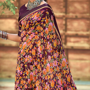 Wine Casual Wear Floral Printed Georgette Saree - Peachmode