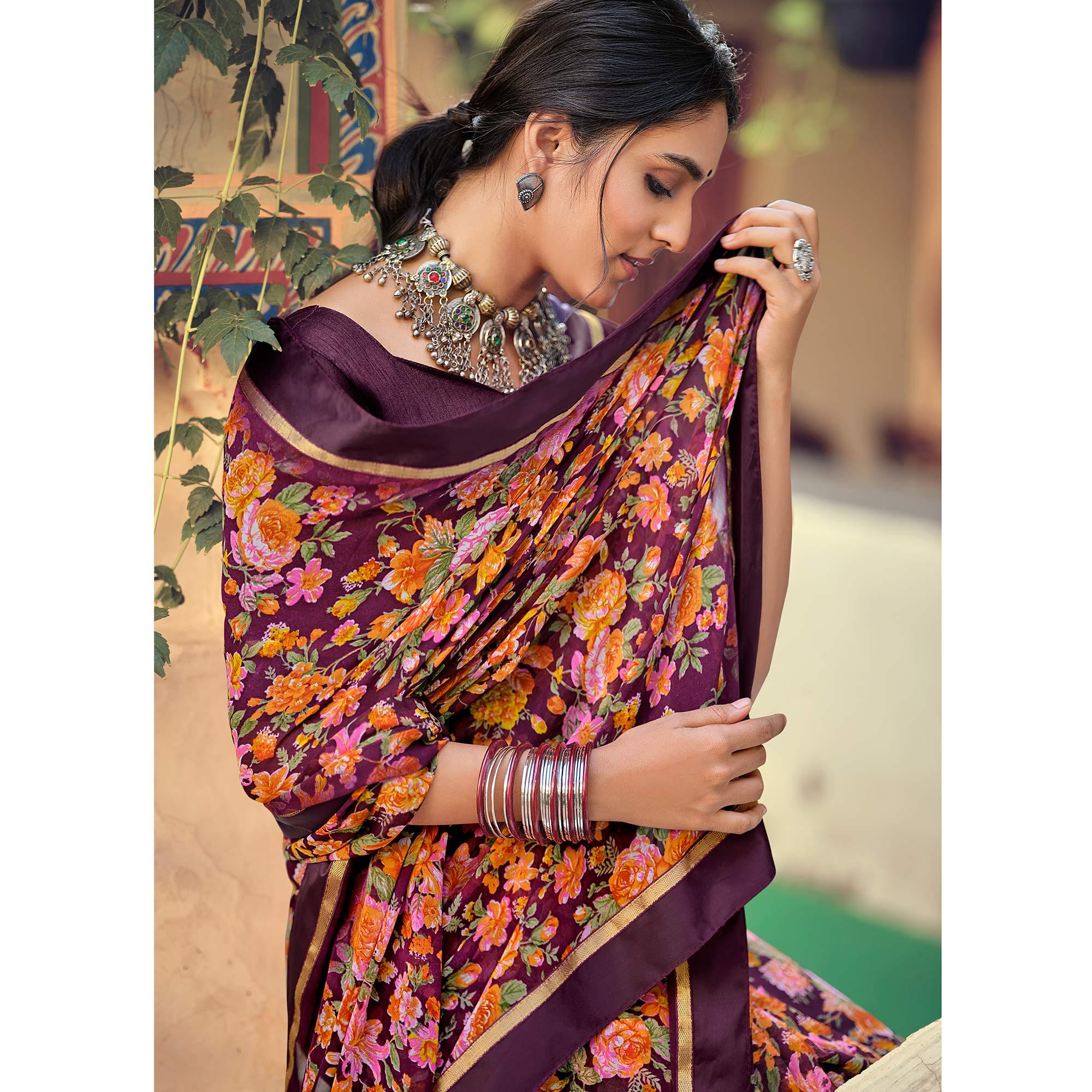 Wine Casual Wear Floral Printed Georgette Saree - Peachmode