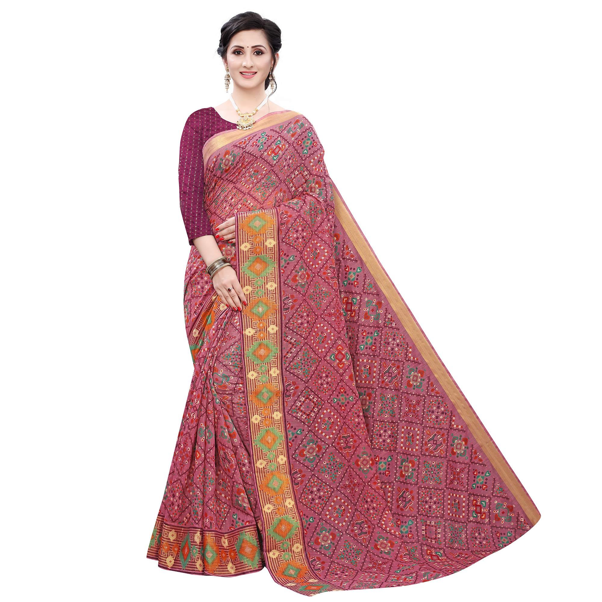 Wine Casual Wear Foil Printed Cotton Silk Saree - Peachmode
