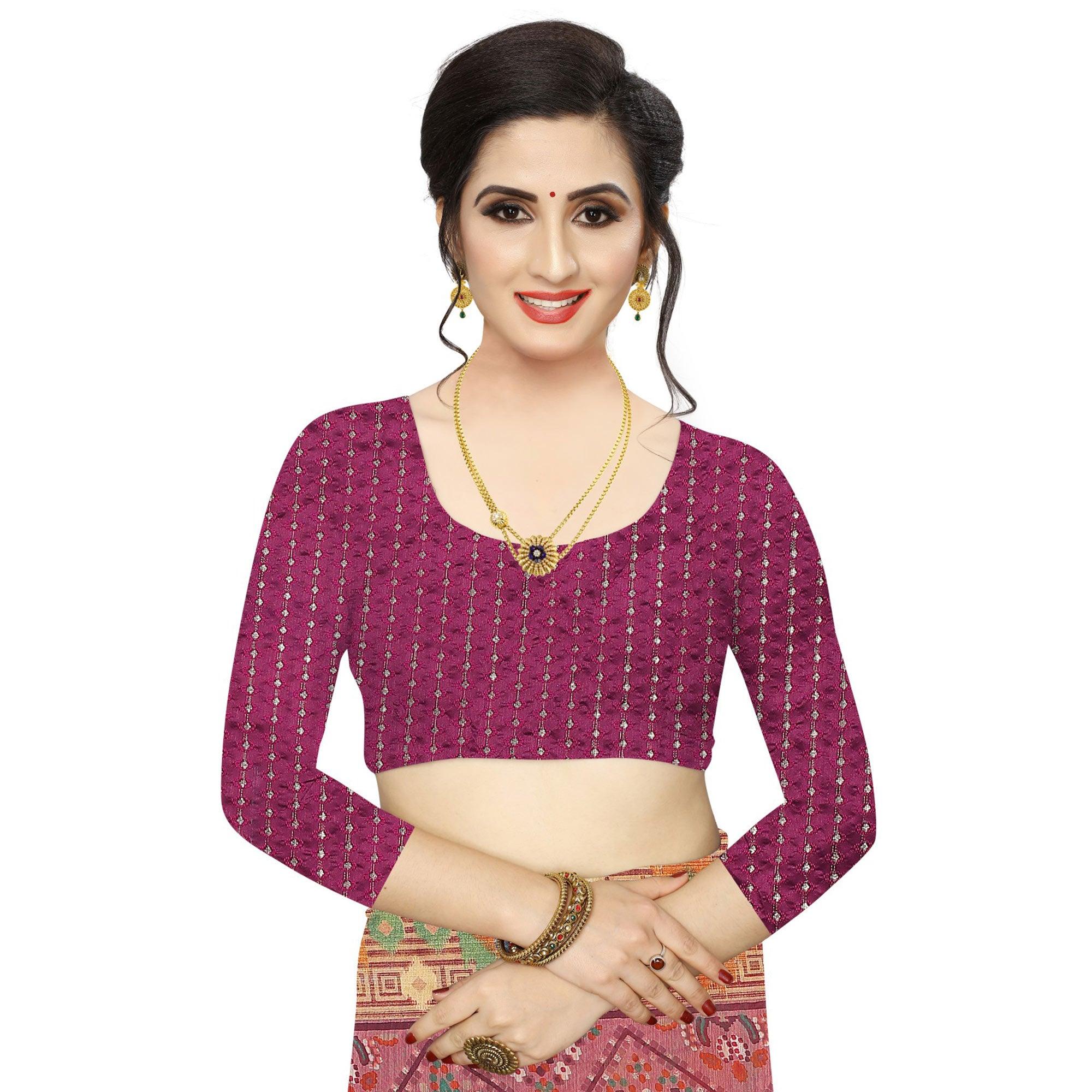 Wine Casual Wear Foil Printed Cotton Silk Saree - Peachmode