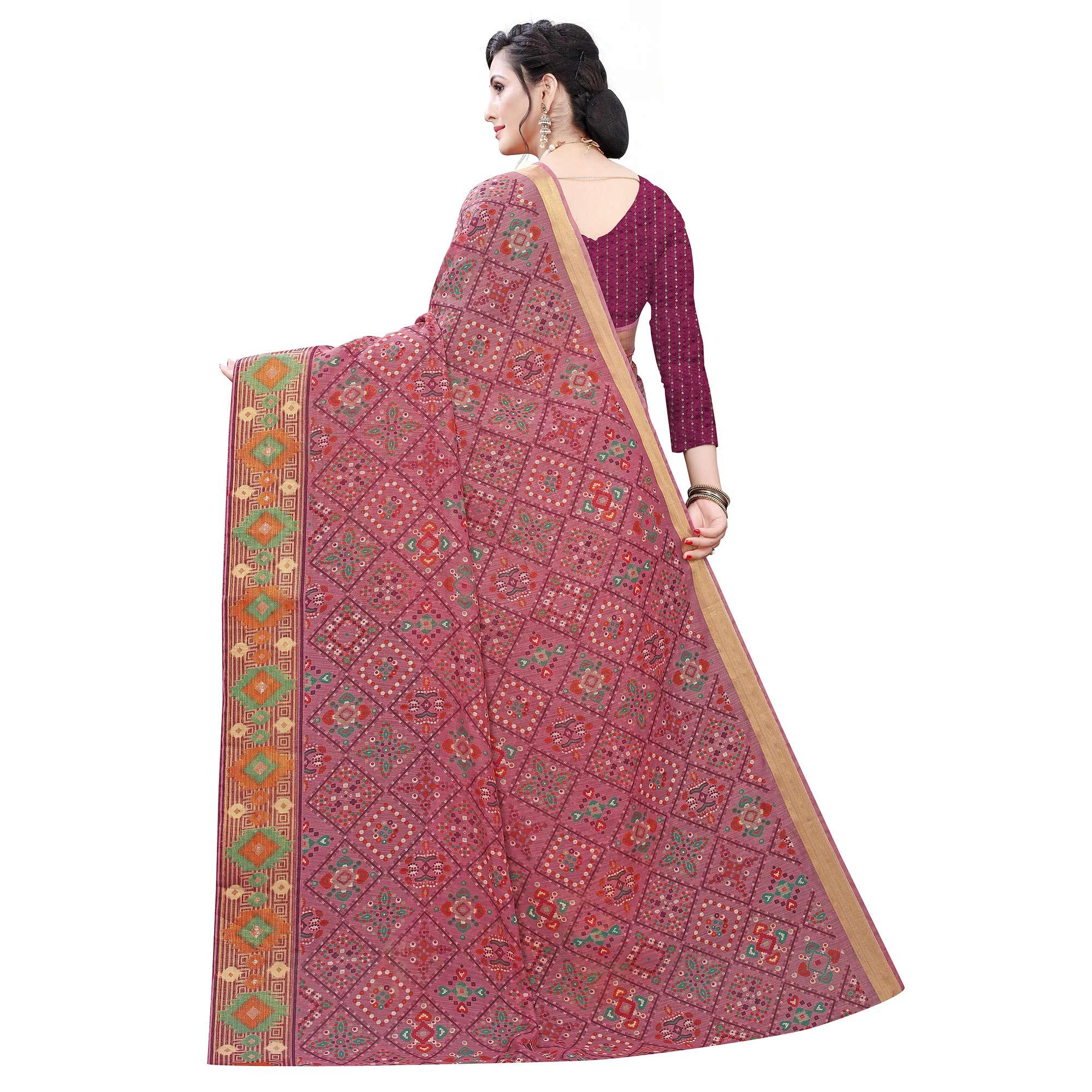 Wine Casual Wear Foil Printed Cotton Silk Saree - Peachmode