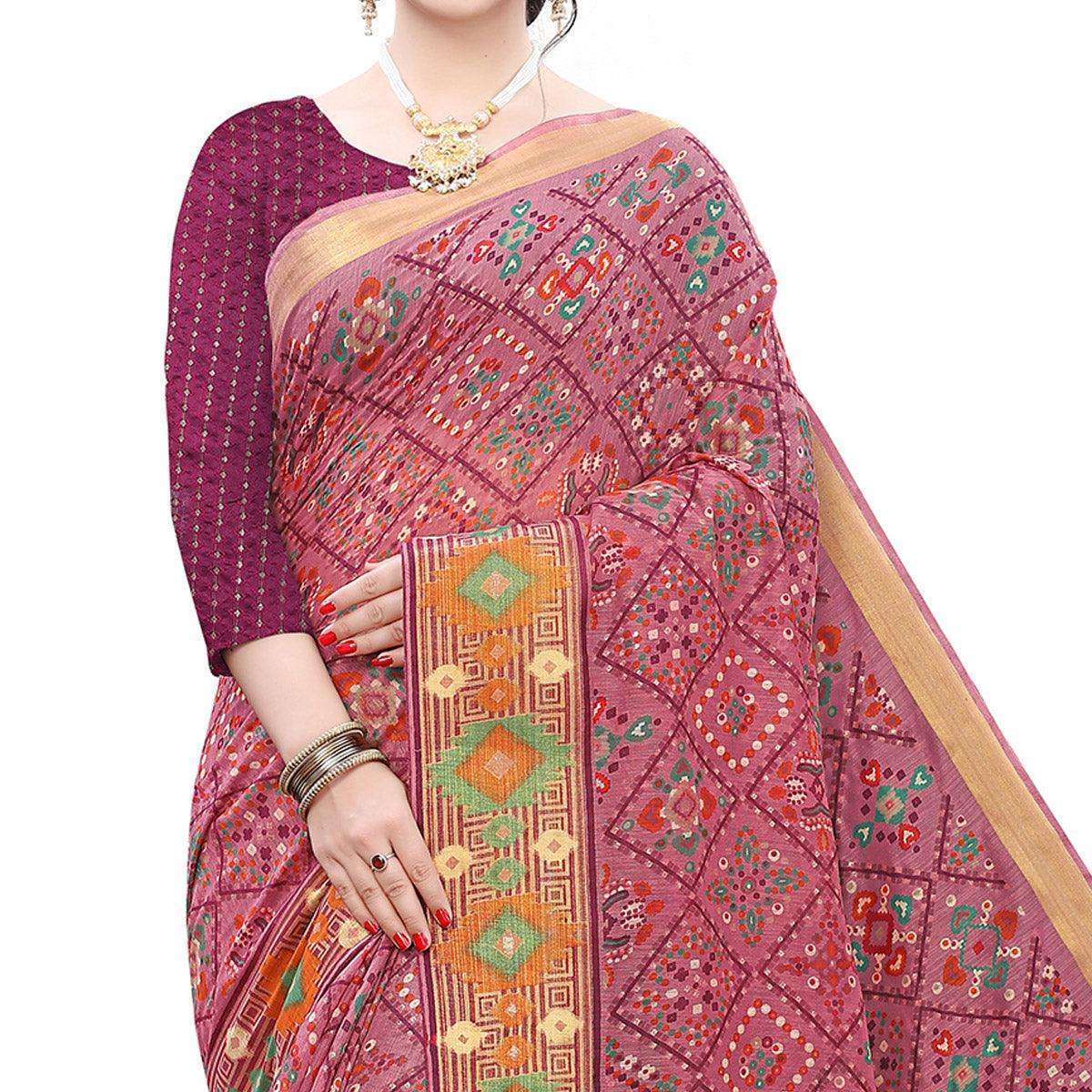 Wine Casual Wear Foil Printed Cotton Silk Saree - Peachmode