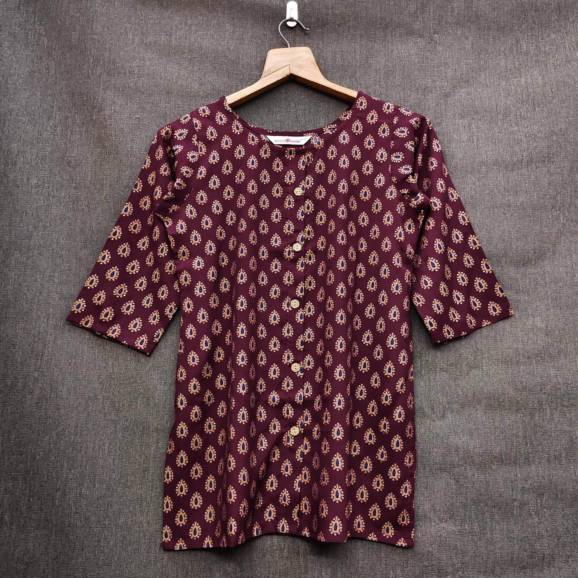 Wine Casual Wear Foil Printed Muslin Top - Peachmode