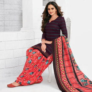 Wine Casual Wear horizontal  Stripes Printed Stitched Cotton Patiyala Suit With Dupatta - Peachmode
