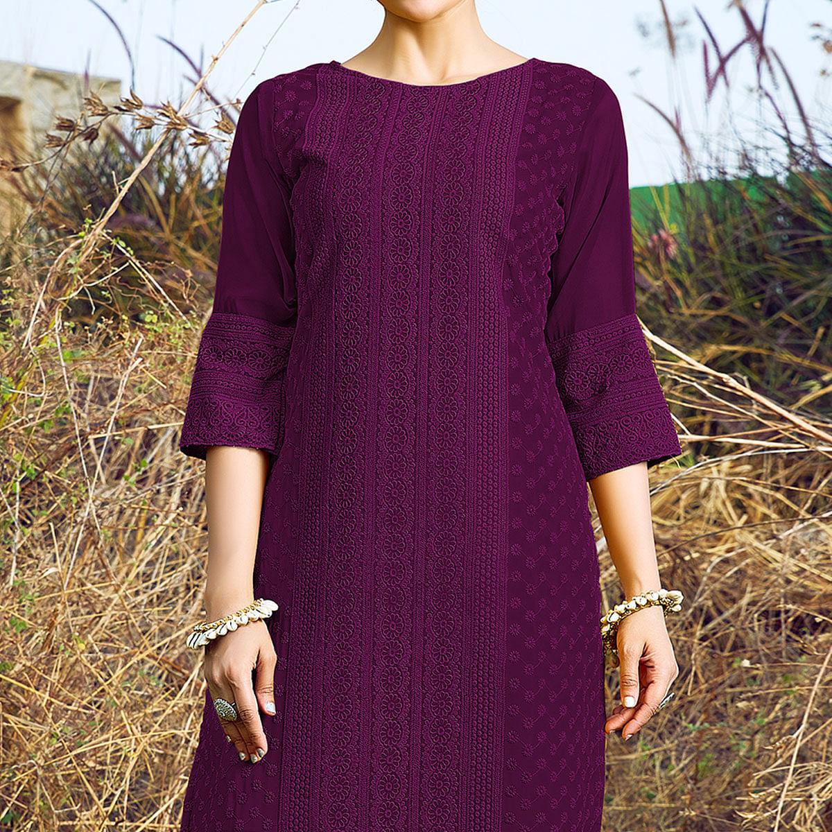 Wine Casual Wear Lucknowi Embroidered Georgette Kurti - Peachmode