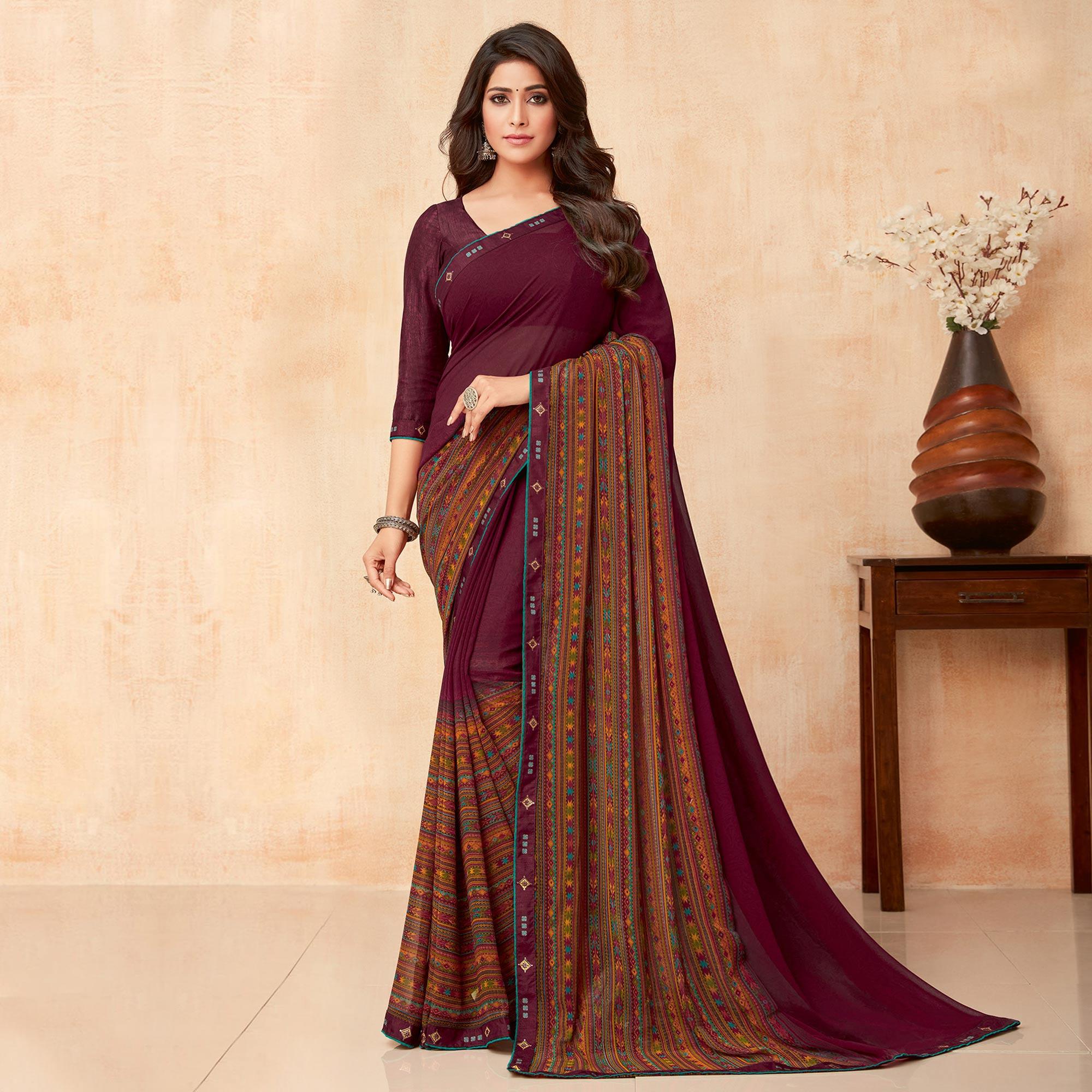 Wine Casual Wear Printed Georgette Saree - Peachmode