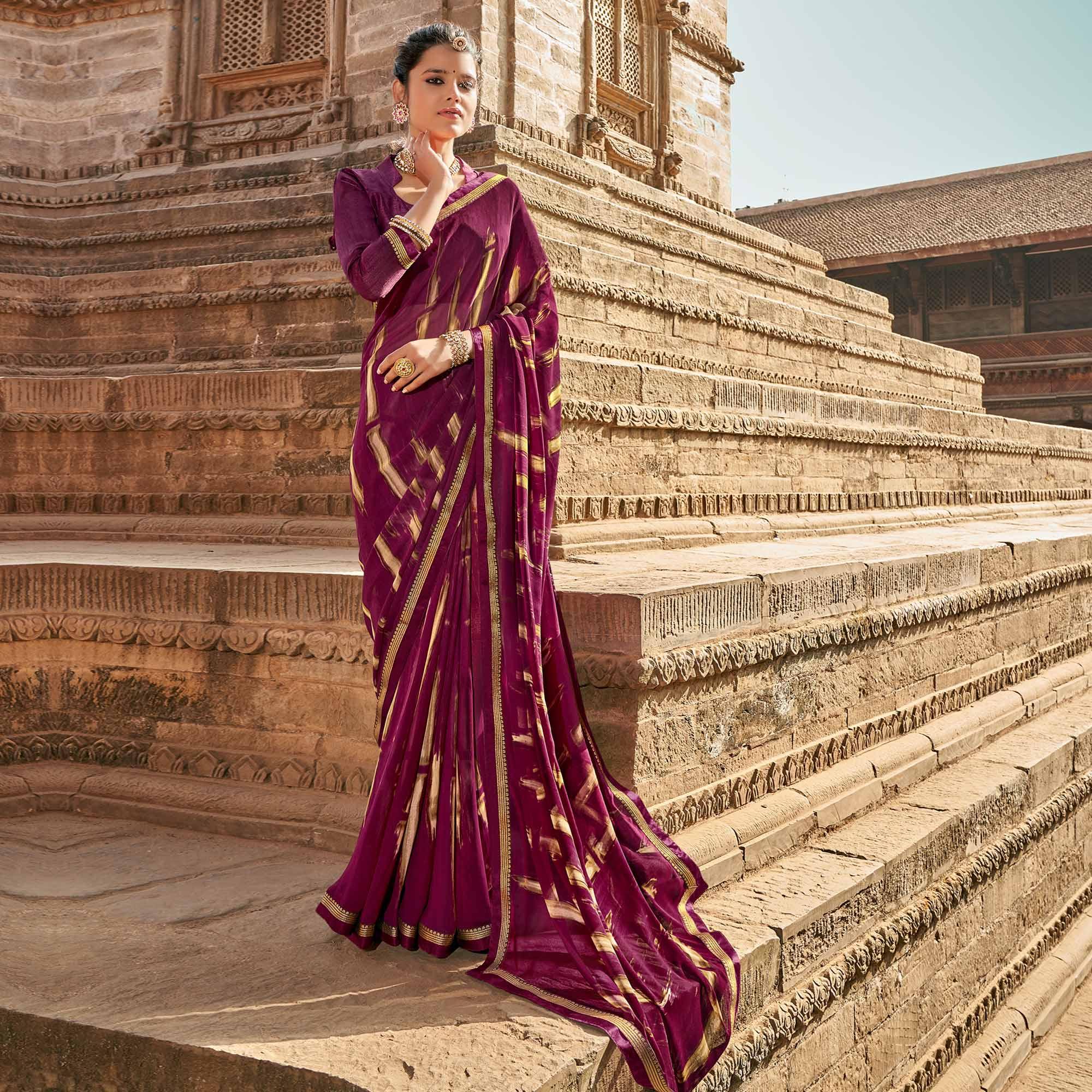 Wine Casual Wear Printed Georgette Saree With Fancy Lace - Peachmode