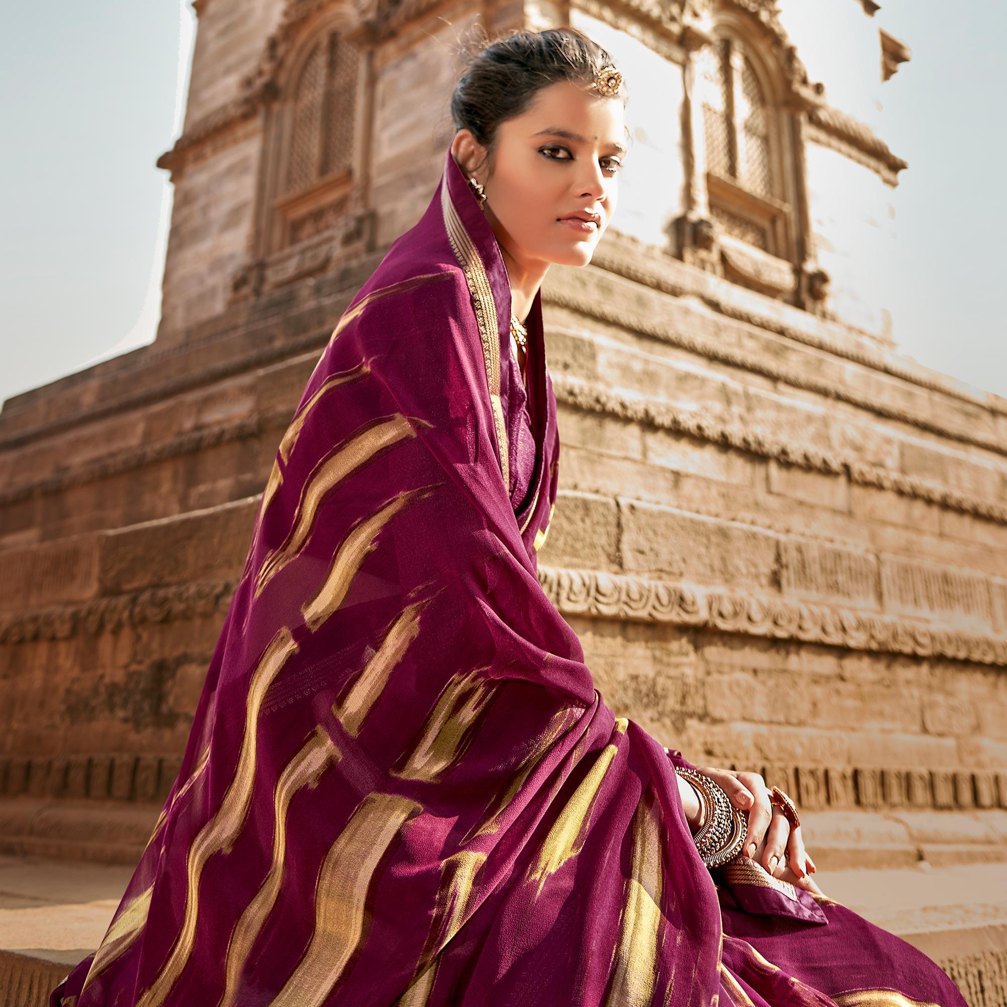 Wine Casual Wear Printed Georgette Saree With Fancy Lace - Peachmode