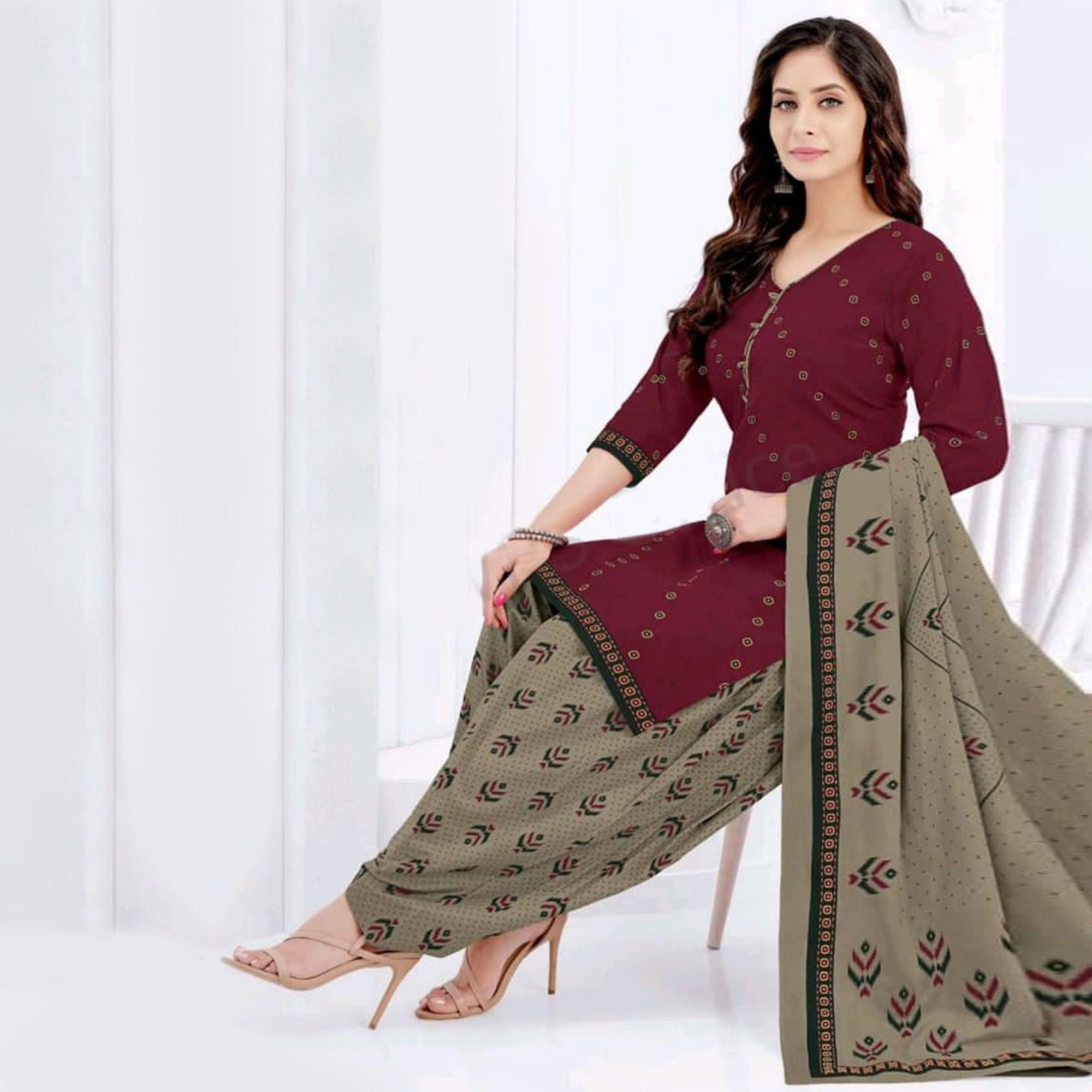 Wine Casual Wear Printed Leon Patiala Dress Material - Peachmode